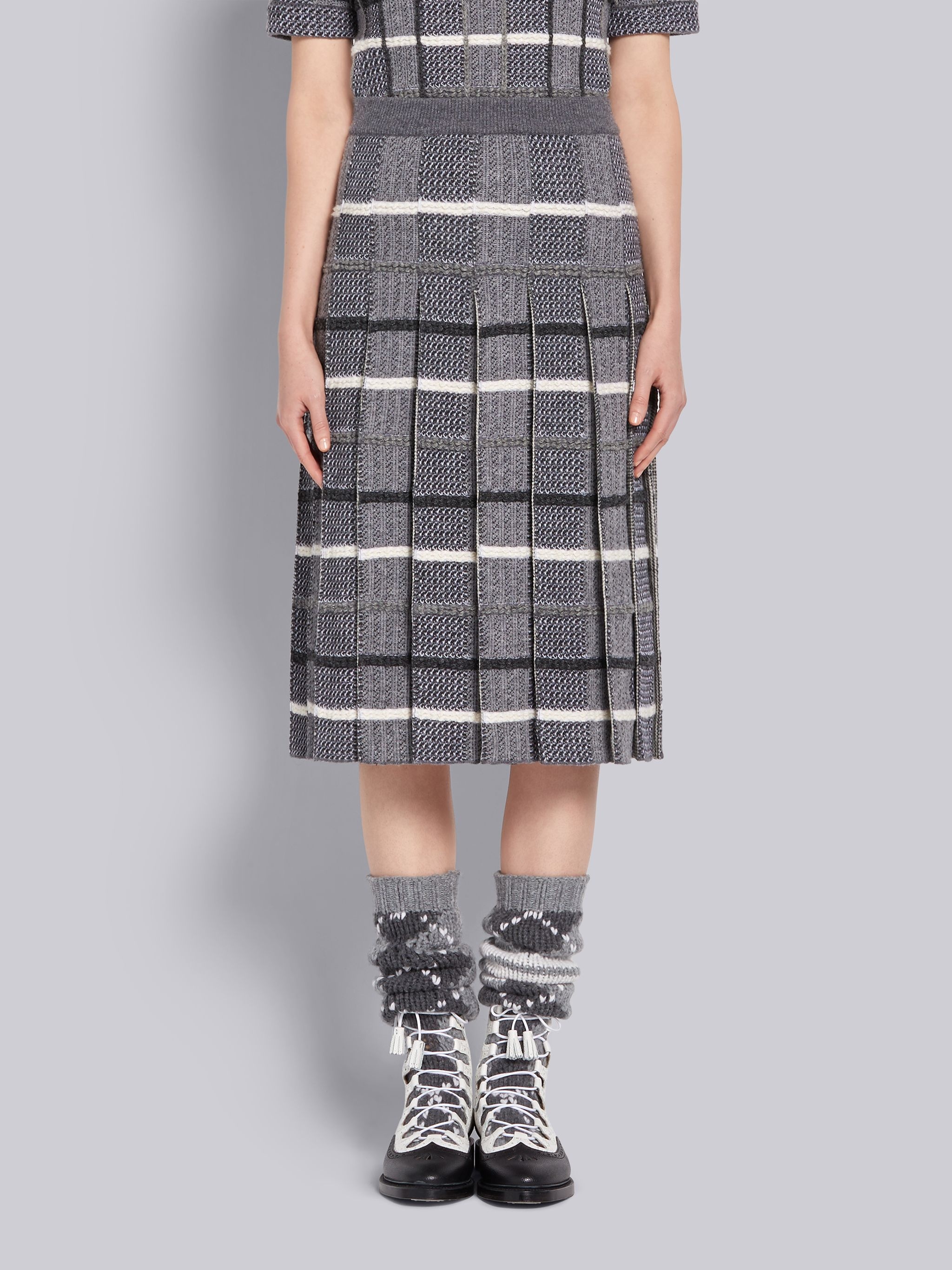 Tonal Grey Shetland Merino Wool Check Jacquard Inlay Pleated Skirt - 1