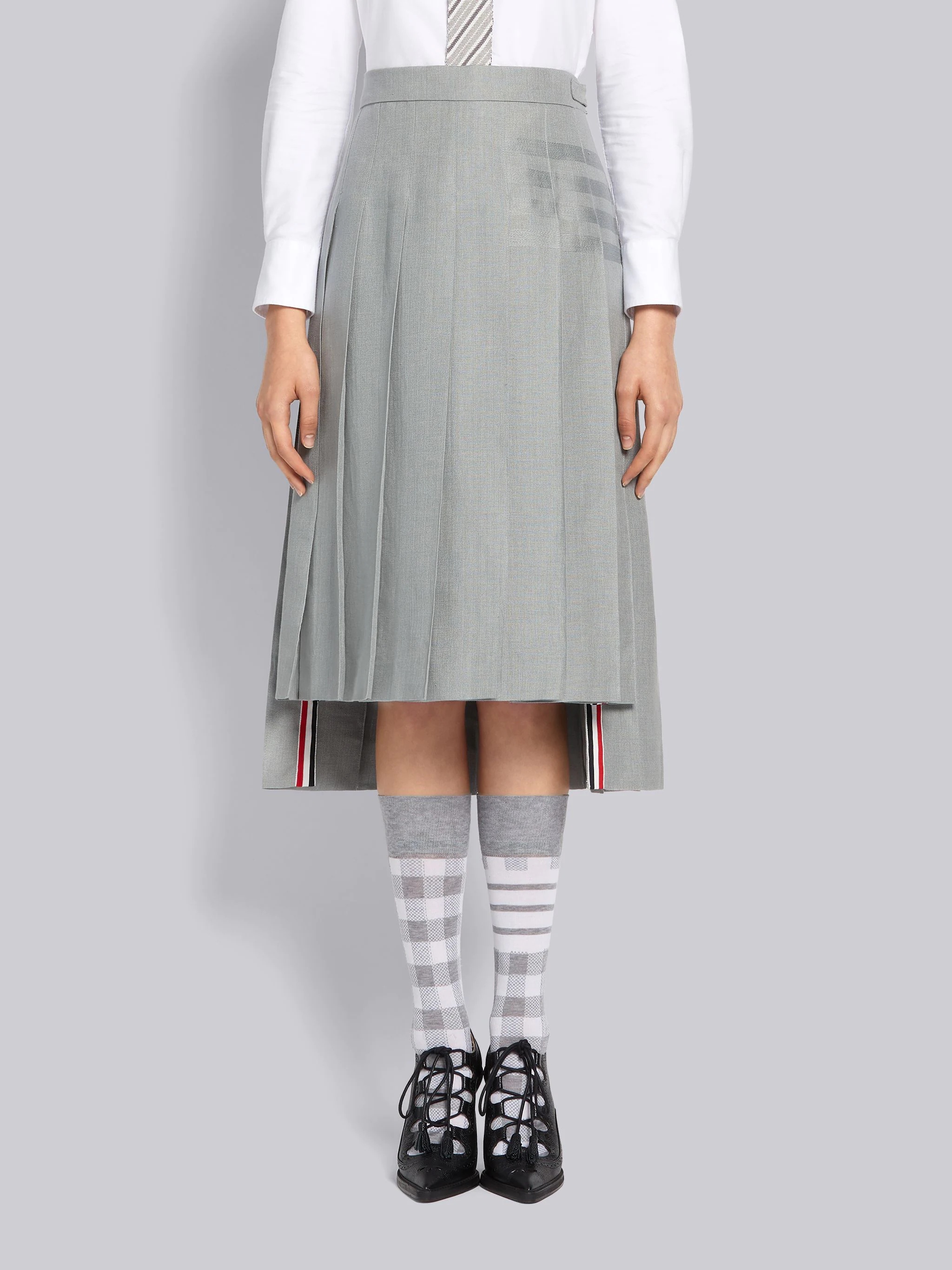Light Grey Crispy Linen Classic Tonal 4-Bar Pleated Skirt - 1