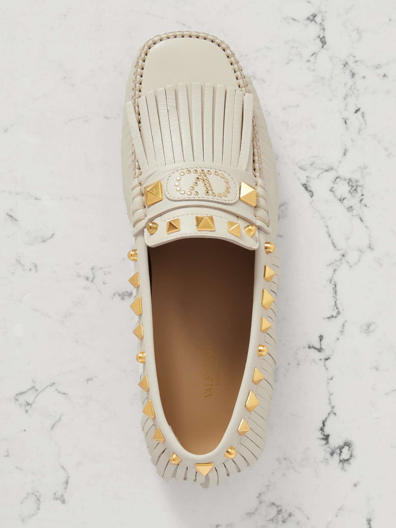 Plaster Caster Driver fringed studded textured-leather loafers Ivory - 5