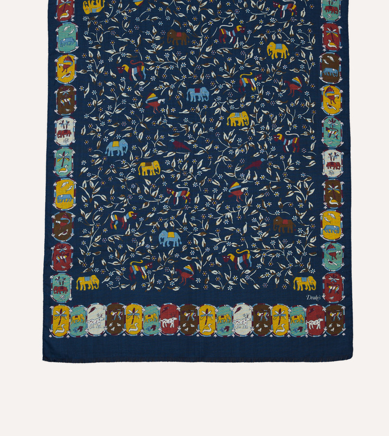 Navy Elephants and Flowers Print Wool-Silk Scarf 3