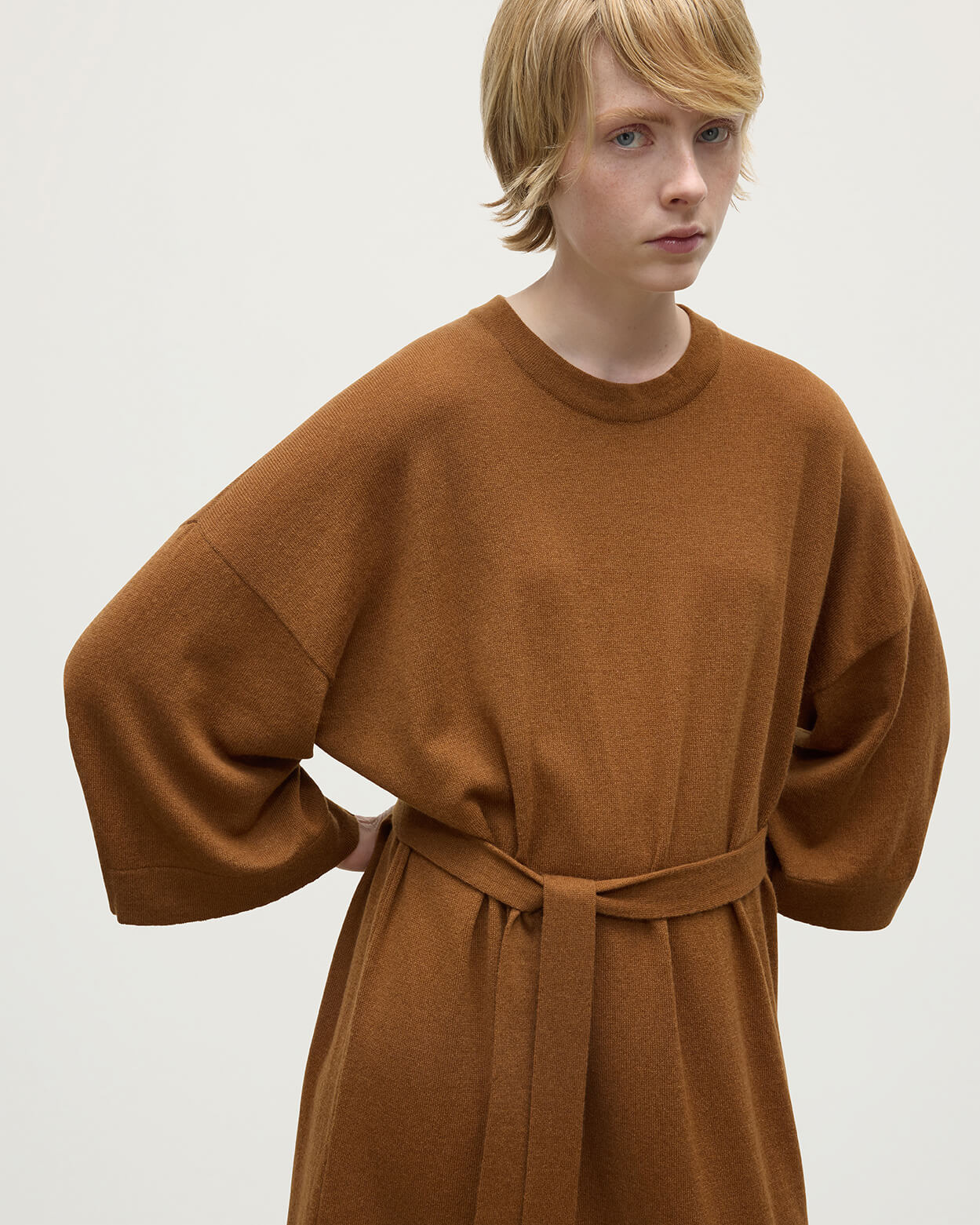 Tie-Waist Cashmere Camel Jumper Dress - 5