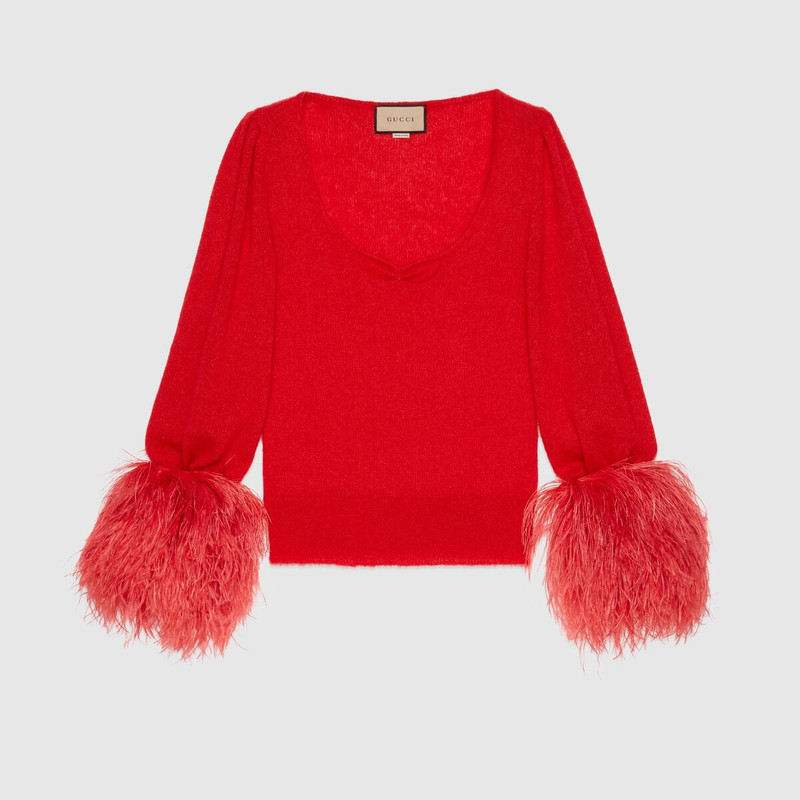 feather-detail V-neck jumper - 1