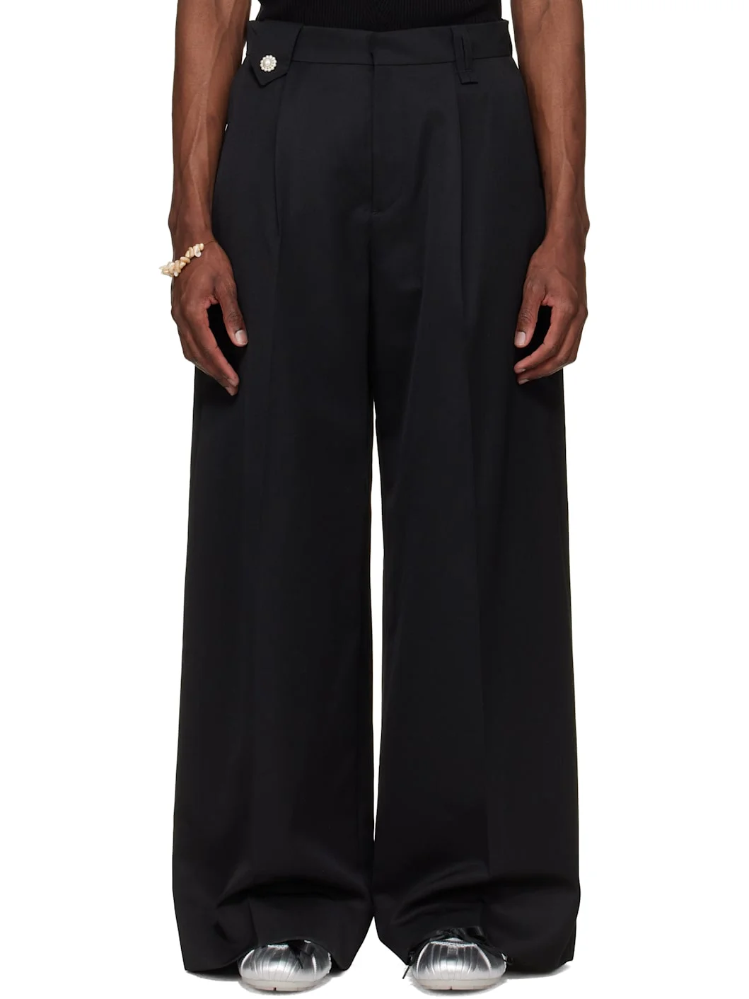 Black Wide Leg Belt Loop Tab Trousers - 1