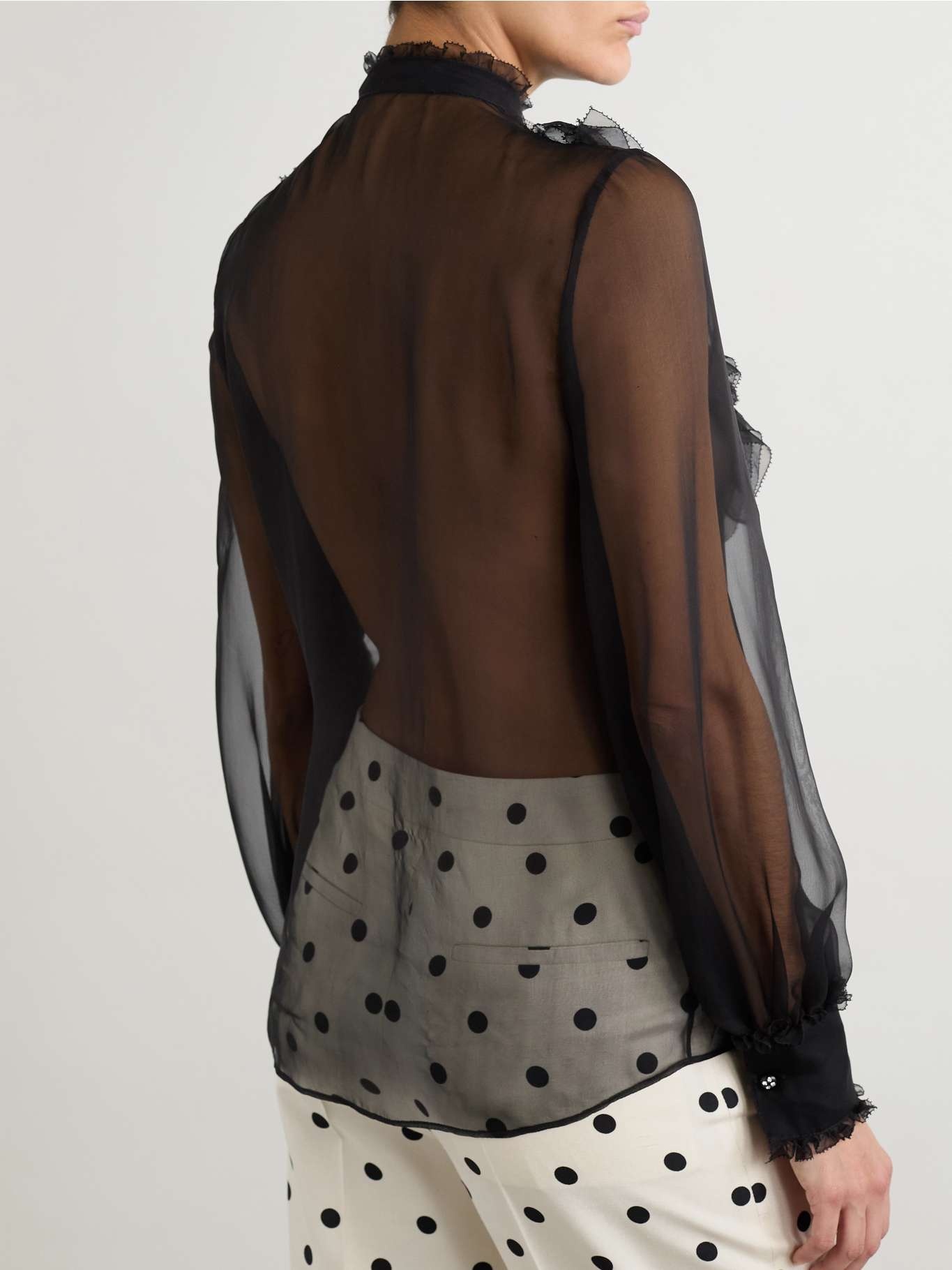 Ruffled lace-trimmed silk-chiffon blouse Black - 4