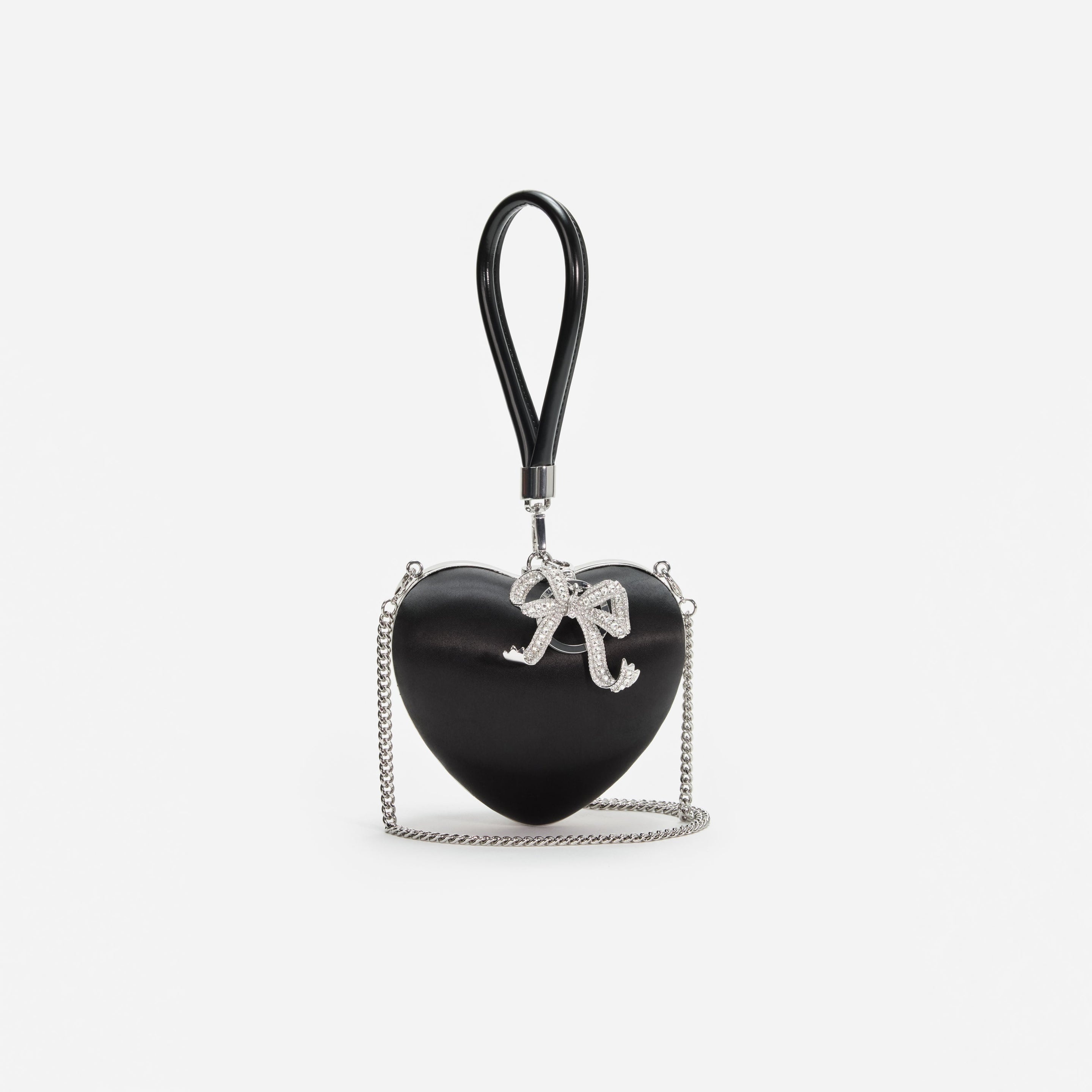 Black Satin Top Handle Heart Clutch - 4