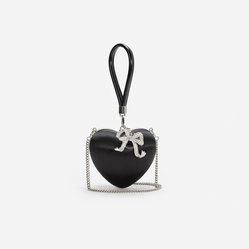 Black Satin Top Handle Heart Clutch 4