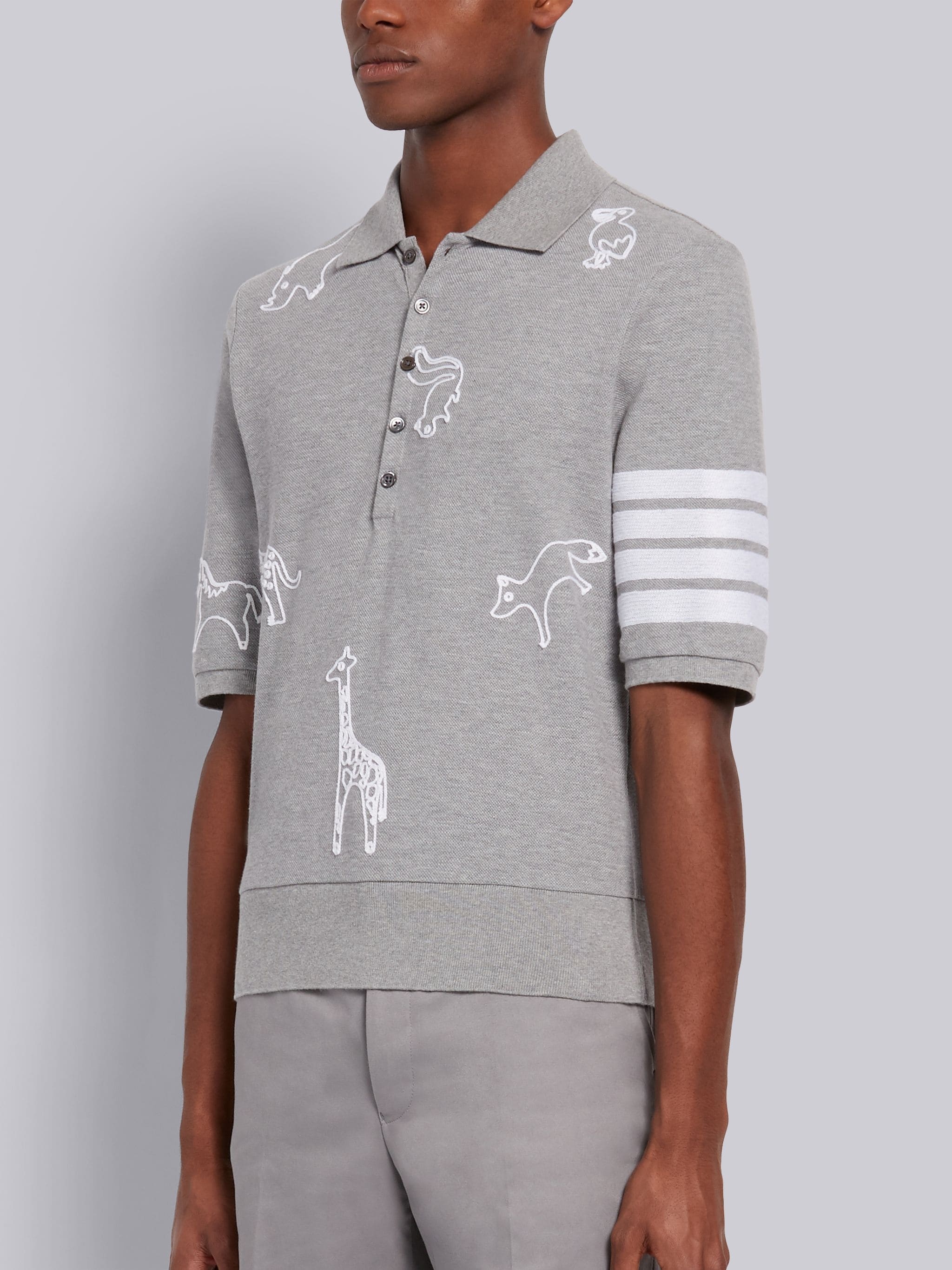 Light Grey Cotton Pique Multi-Animal Icon V-Neck 4-Bar Polo - 2