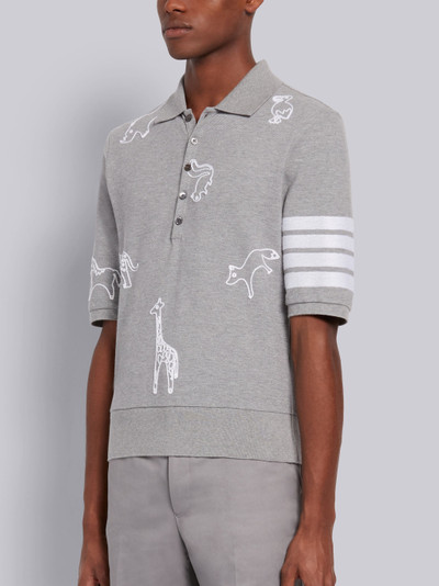 Thom Browne Light Grey Cotton Pique Multi-Animal Icon V-Neck 4-Bar Polo outlook