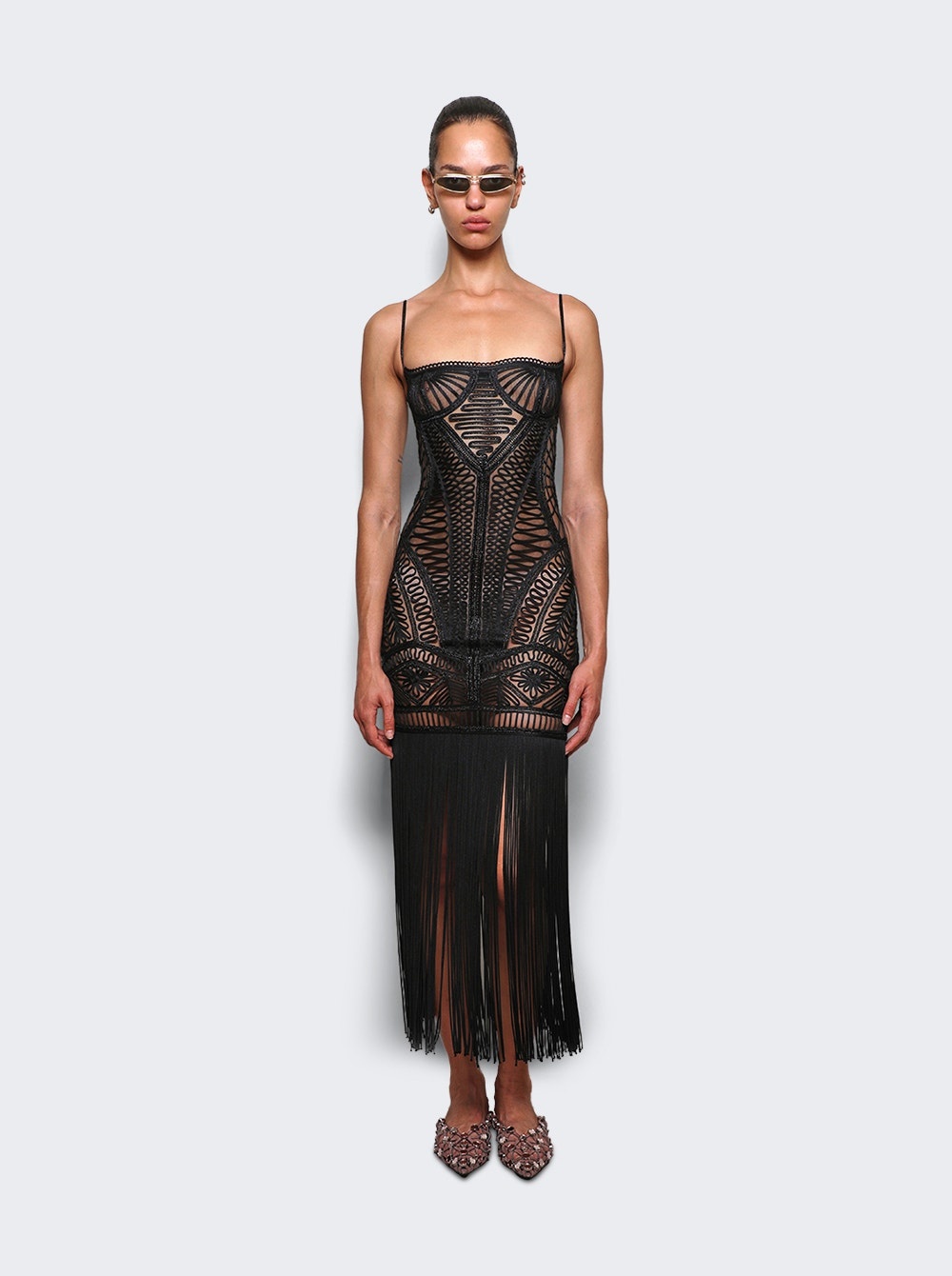 Embroidered Sheer Midi Dress Black - 2