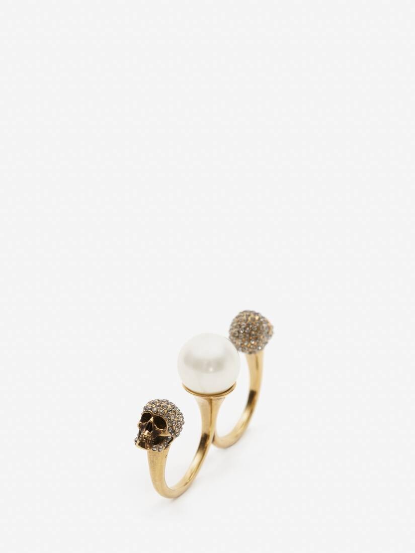 Women's Pearl Skull Double Ring in Antique Gold - 2