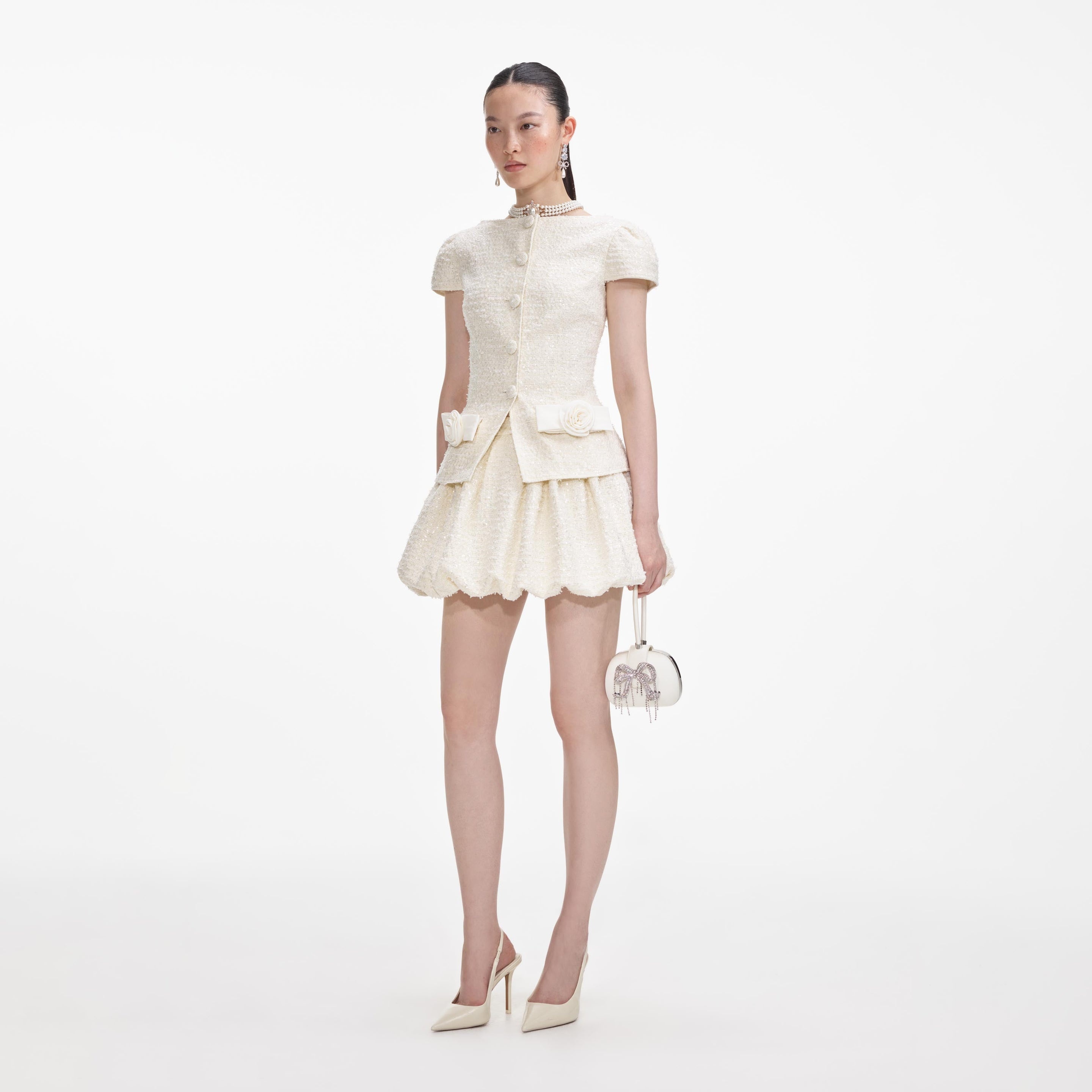 Cream Boucle Bow Detail Mini Dress - 2