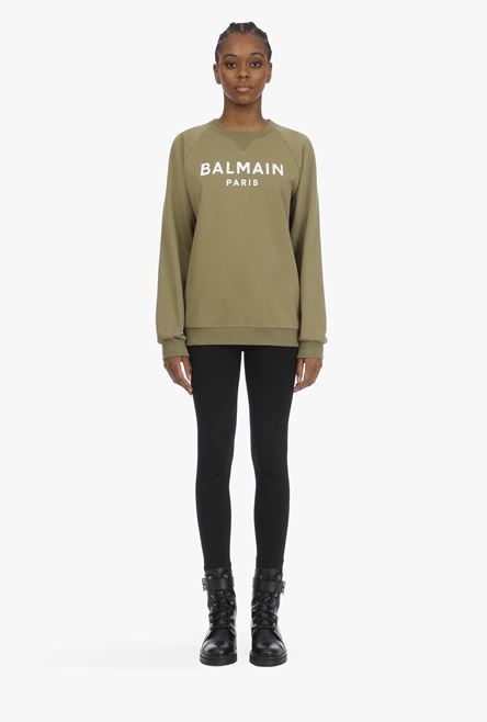Khaki cotton sweatshirt with white Balmain logo - 4