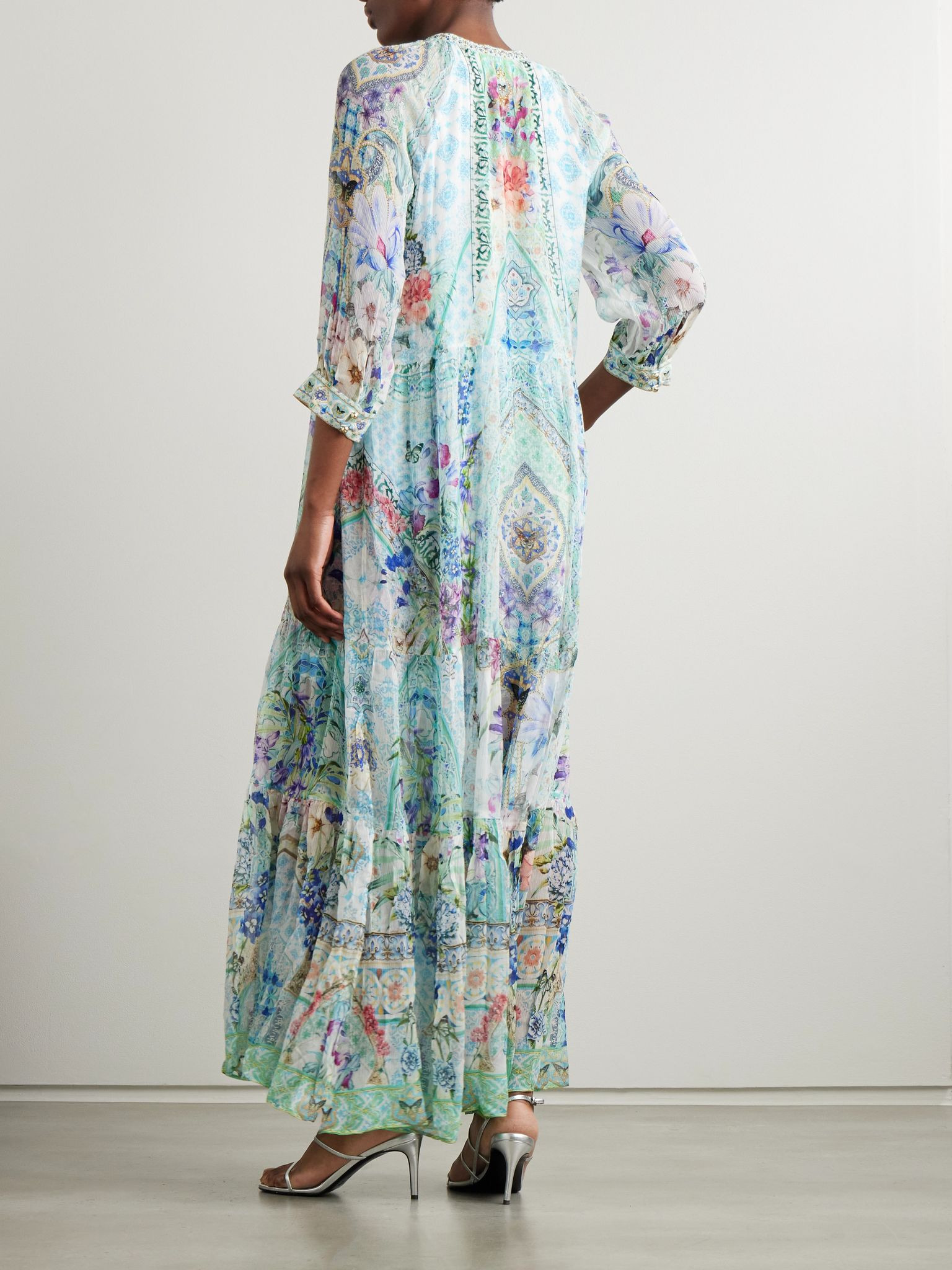 Embellished tiered printed silk-crepon maxi dress Blue - 3