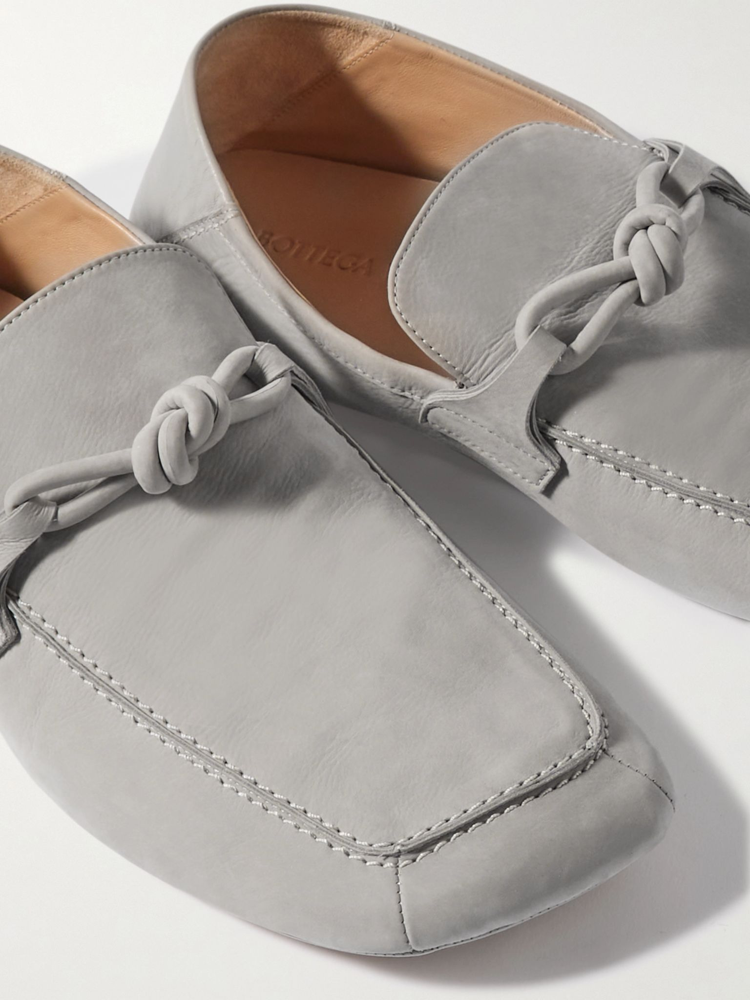 Knot-Detailed Leather-Trimmed Textured-Nubuck Loafers Gray - 5
