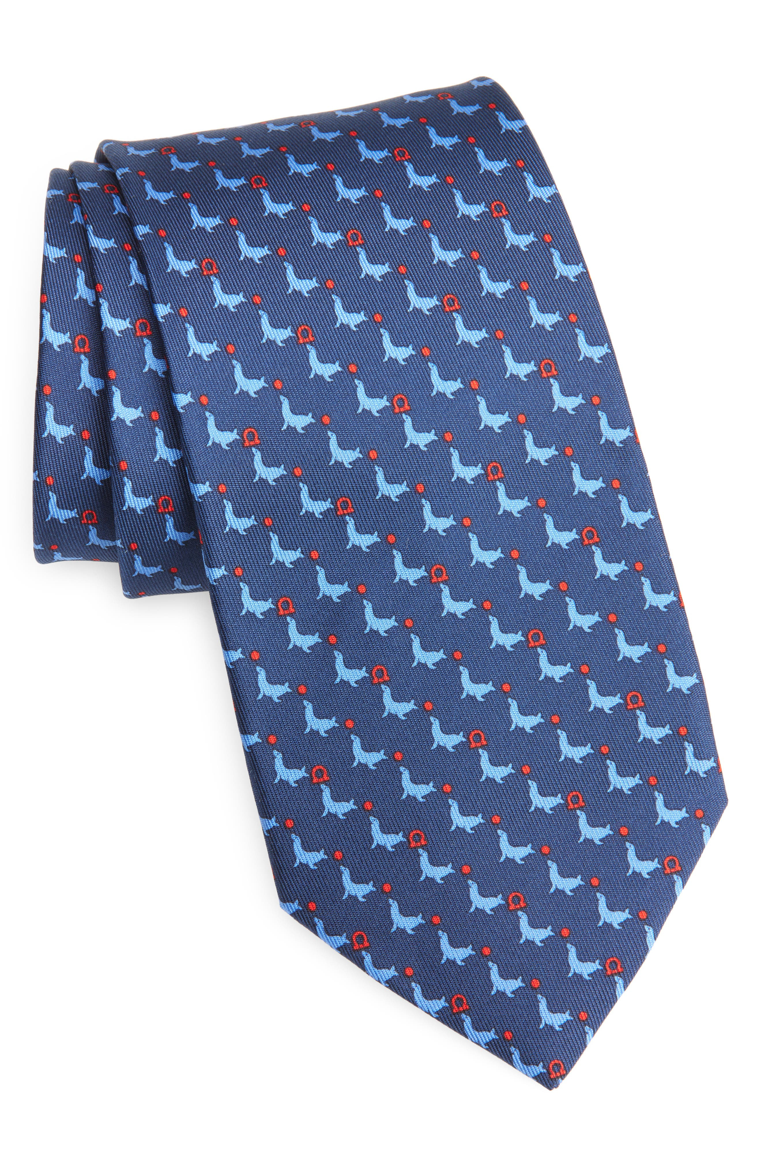 FERRAGAMO Seal Print Silk Tie in Blu Scuro Rosso at Nordstrom - 1