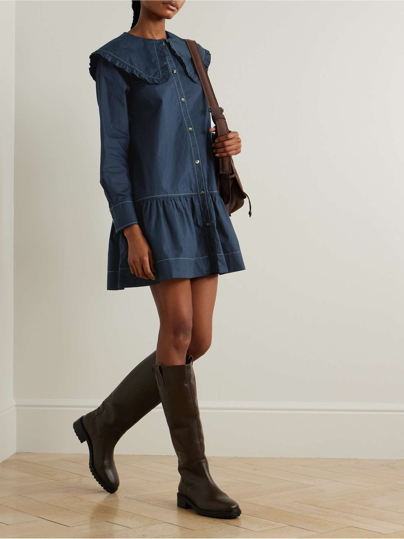 GANNI Ruffled organic cotton-poplin mini shirt dress Navy outlook