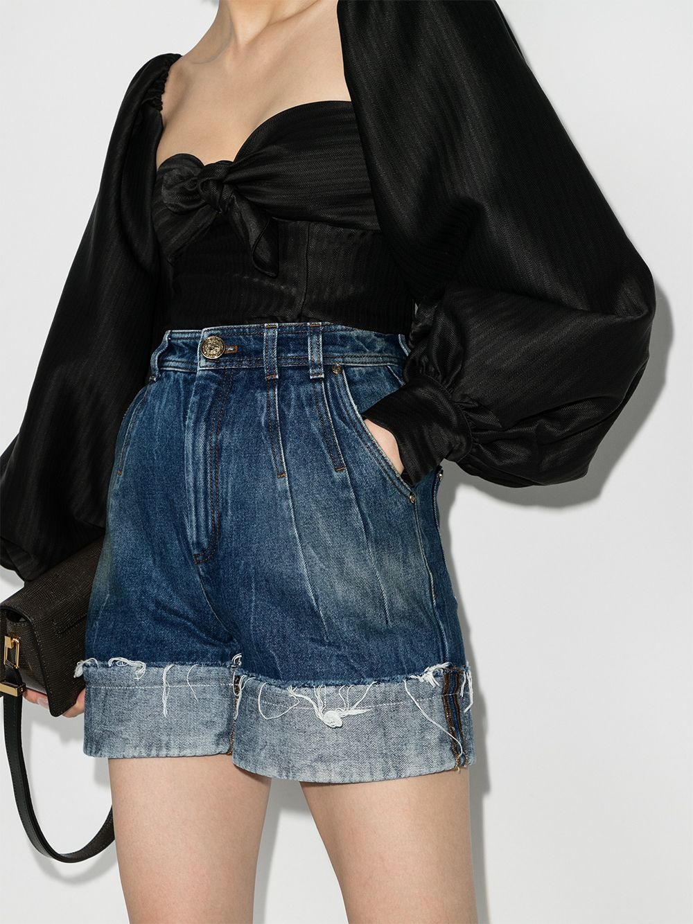 high waist turn up denim shorts - 2