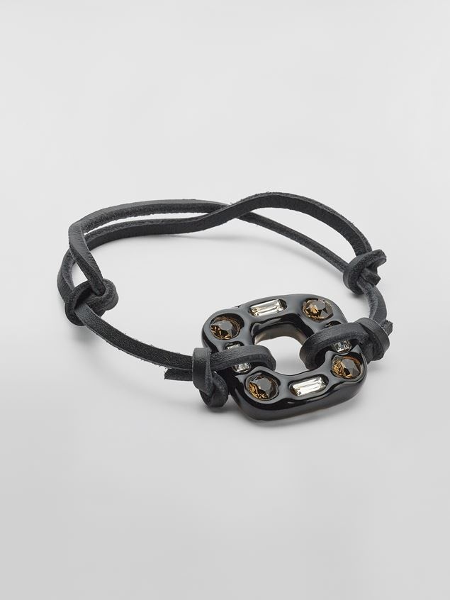 LEATHER SPARKLE BRACELET WITH BLACK METAL ELEMENT AND BI-COLOURED BEADS - 1
