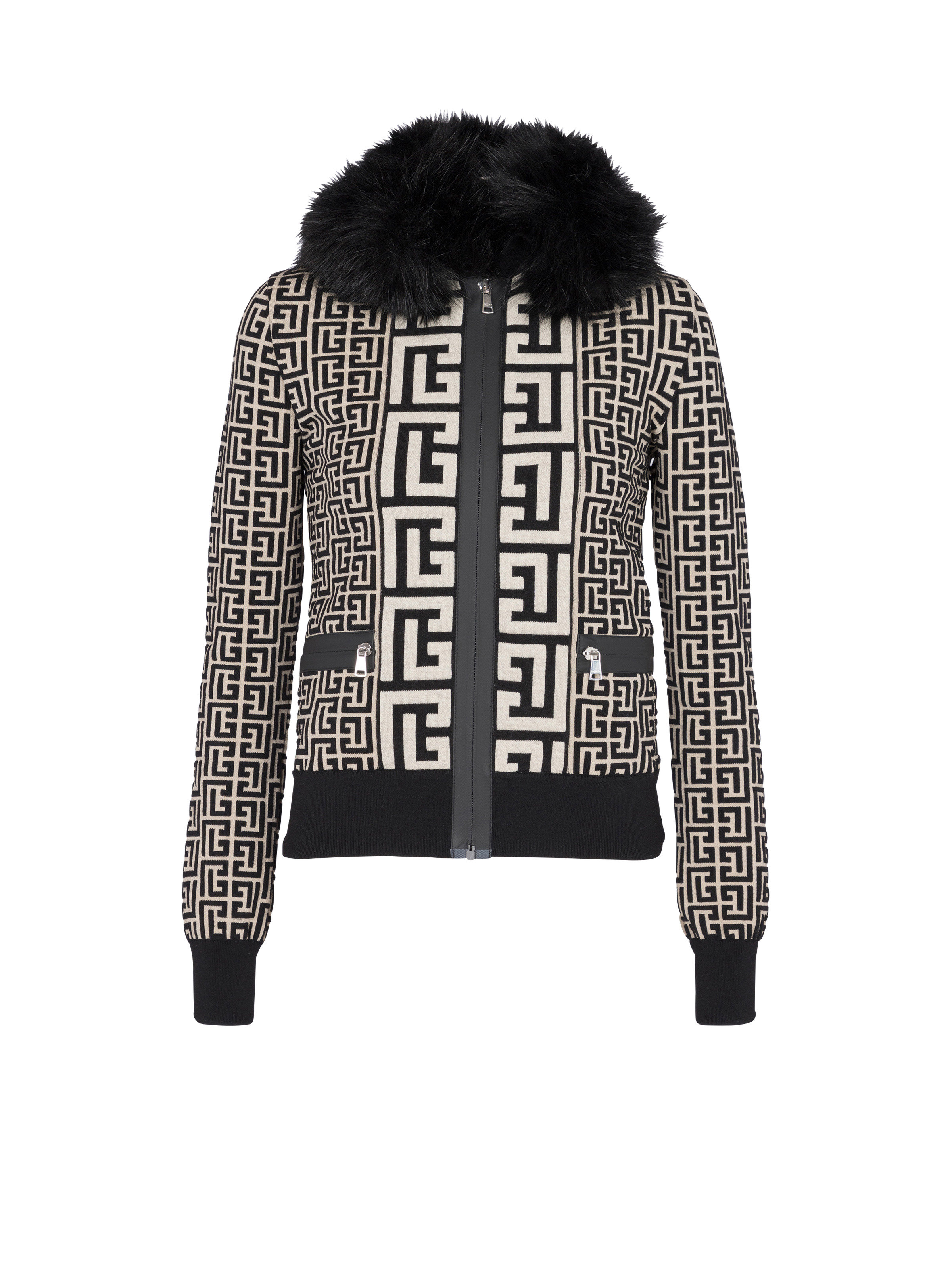 Monogrammed knit jacket with faux fur - 1