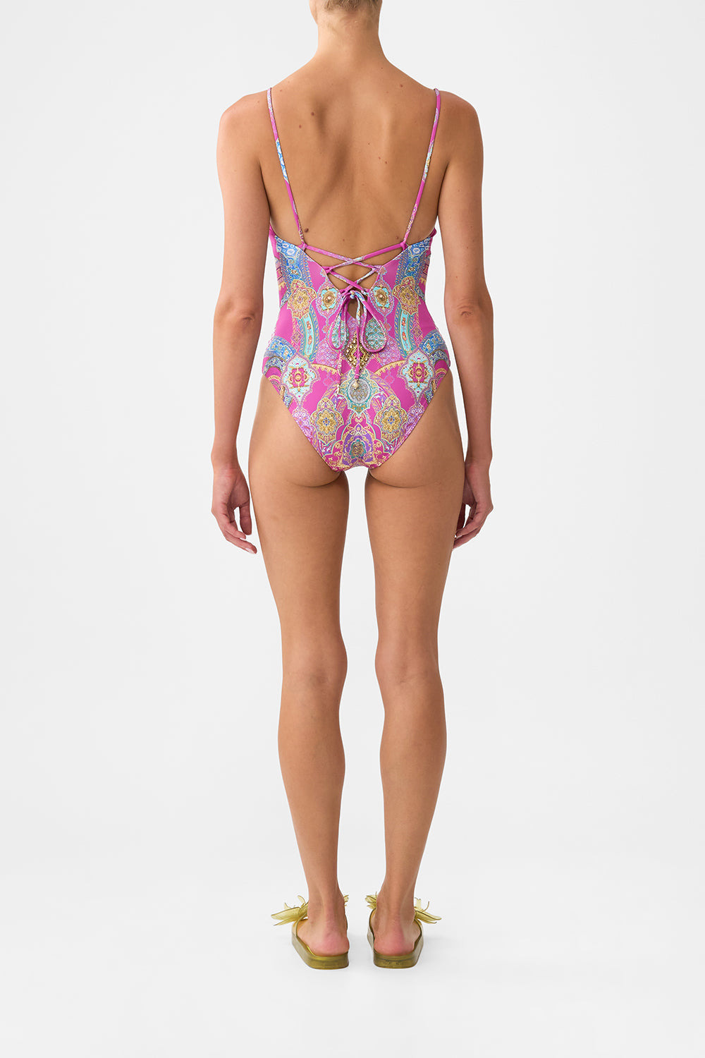 V NECK ONE PIECE WITH LACE UP TIE BACK - 3