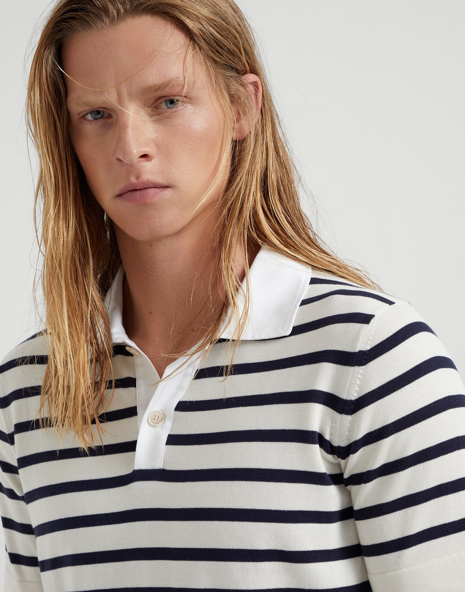 Cotton striped knit polo shirt with twill collar - 3