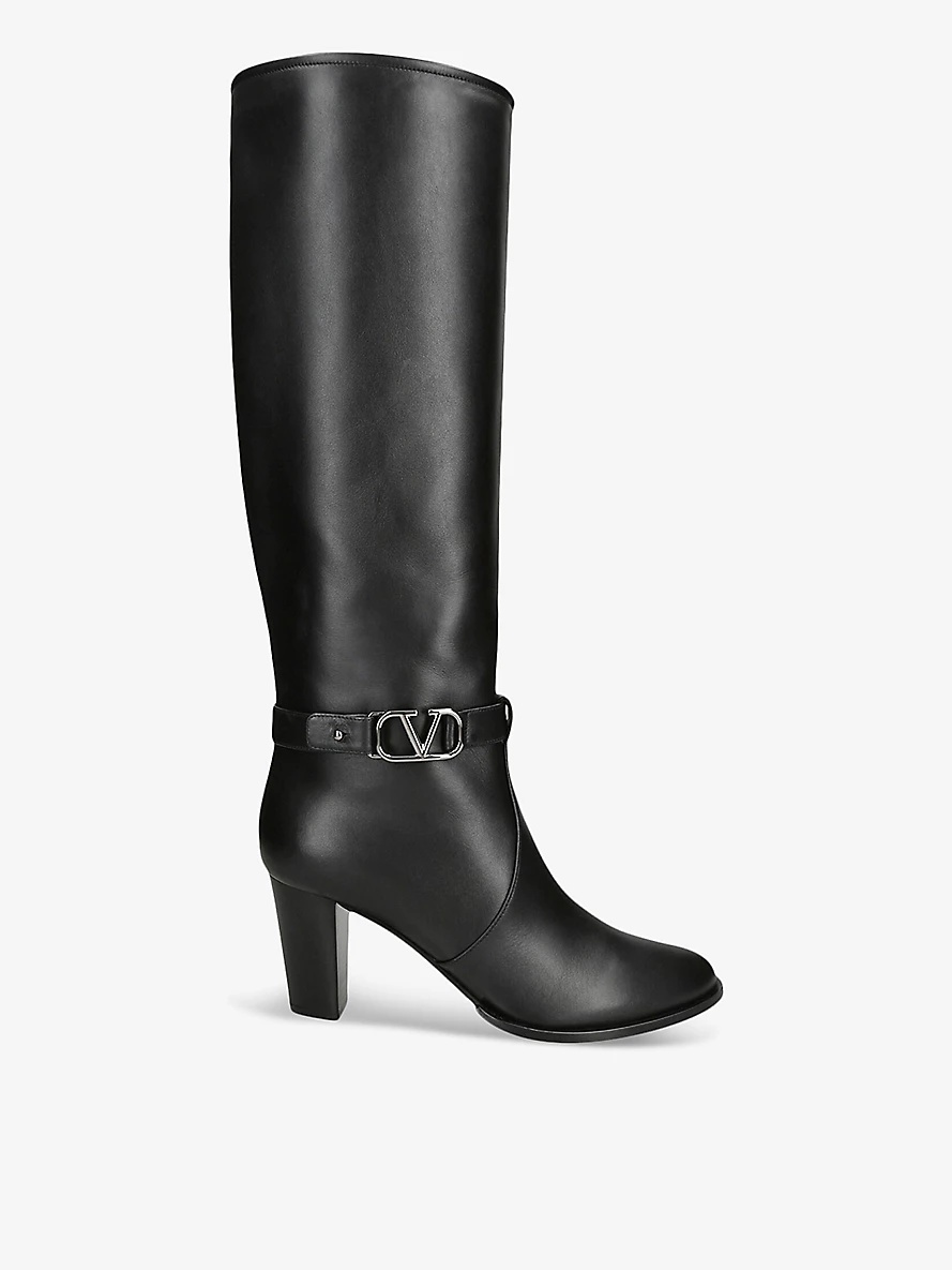 V-logo signature knee-high heeled leather boots - 1