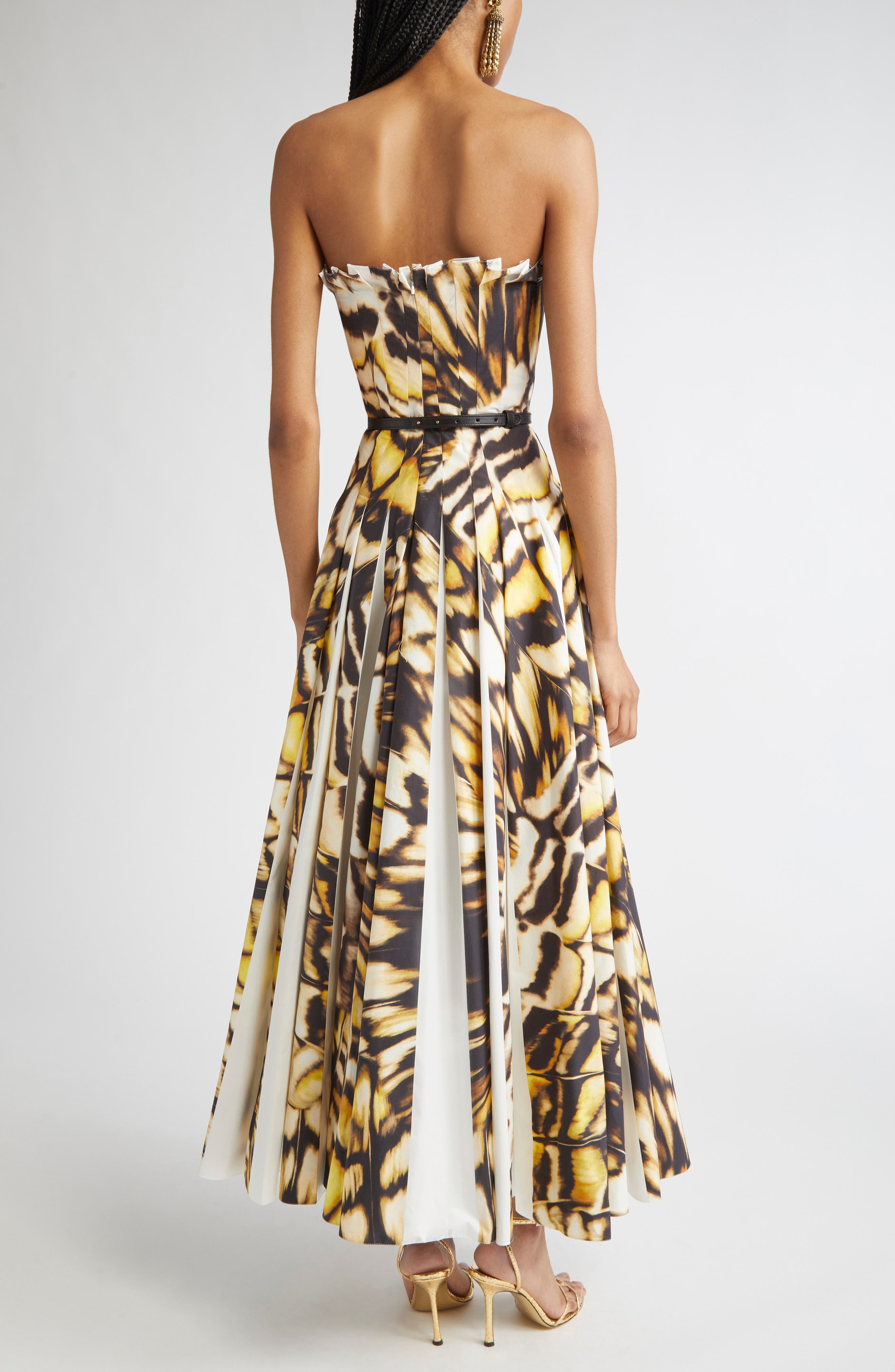 Oscar de la Renta Butterfly Print Pleated Strapless Stretch Poplin Fit & Flare Dress in Black Multi  - 2