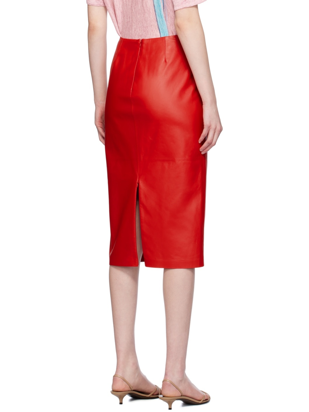 Red Bartellette Leather Midi Skirt - 3