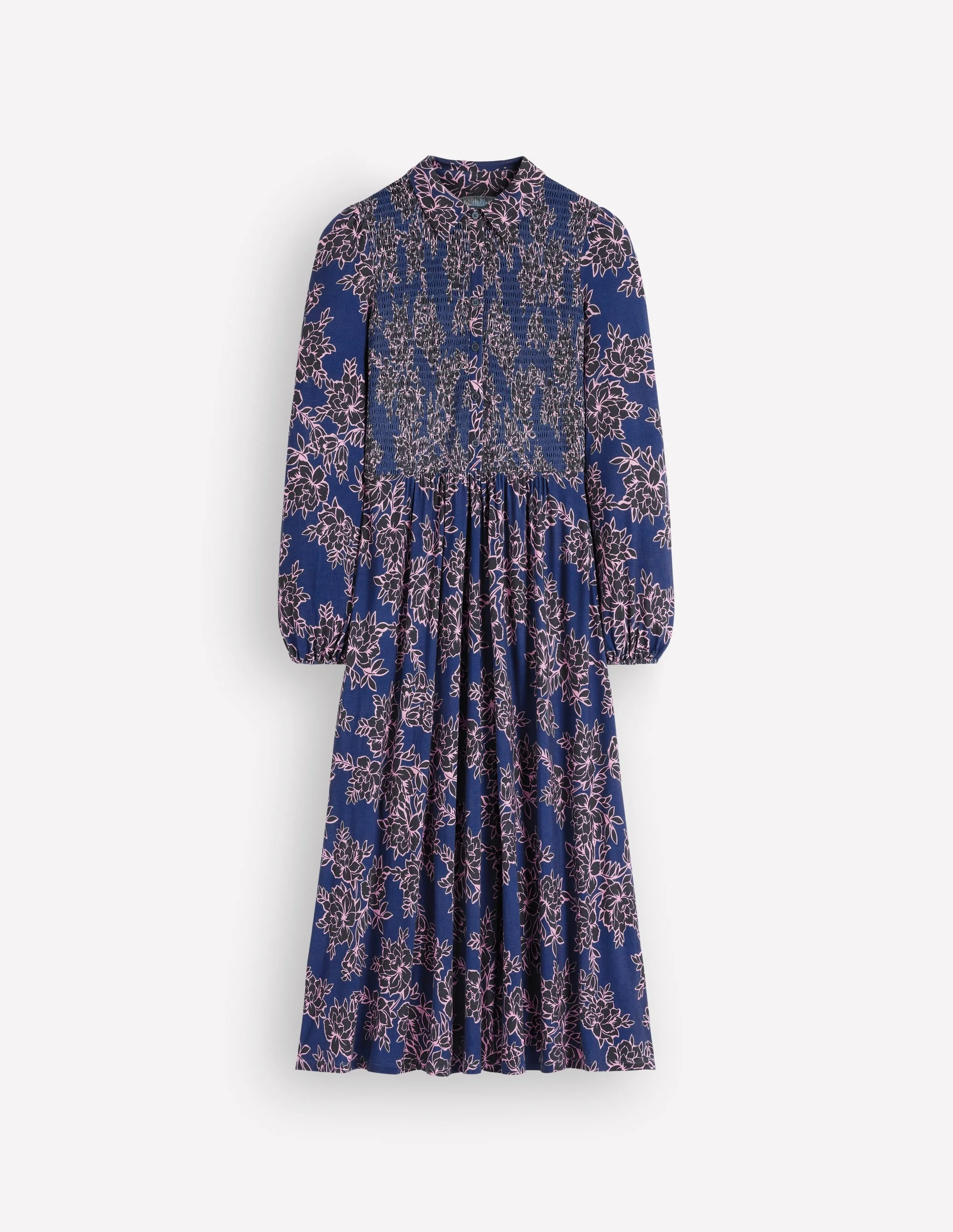 Smocked Jersey Dress-Denim Blue, Enchanted Peony - 1
