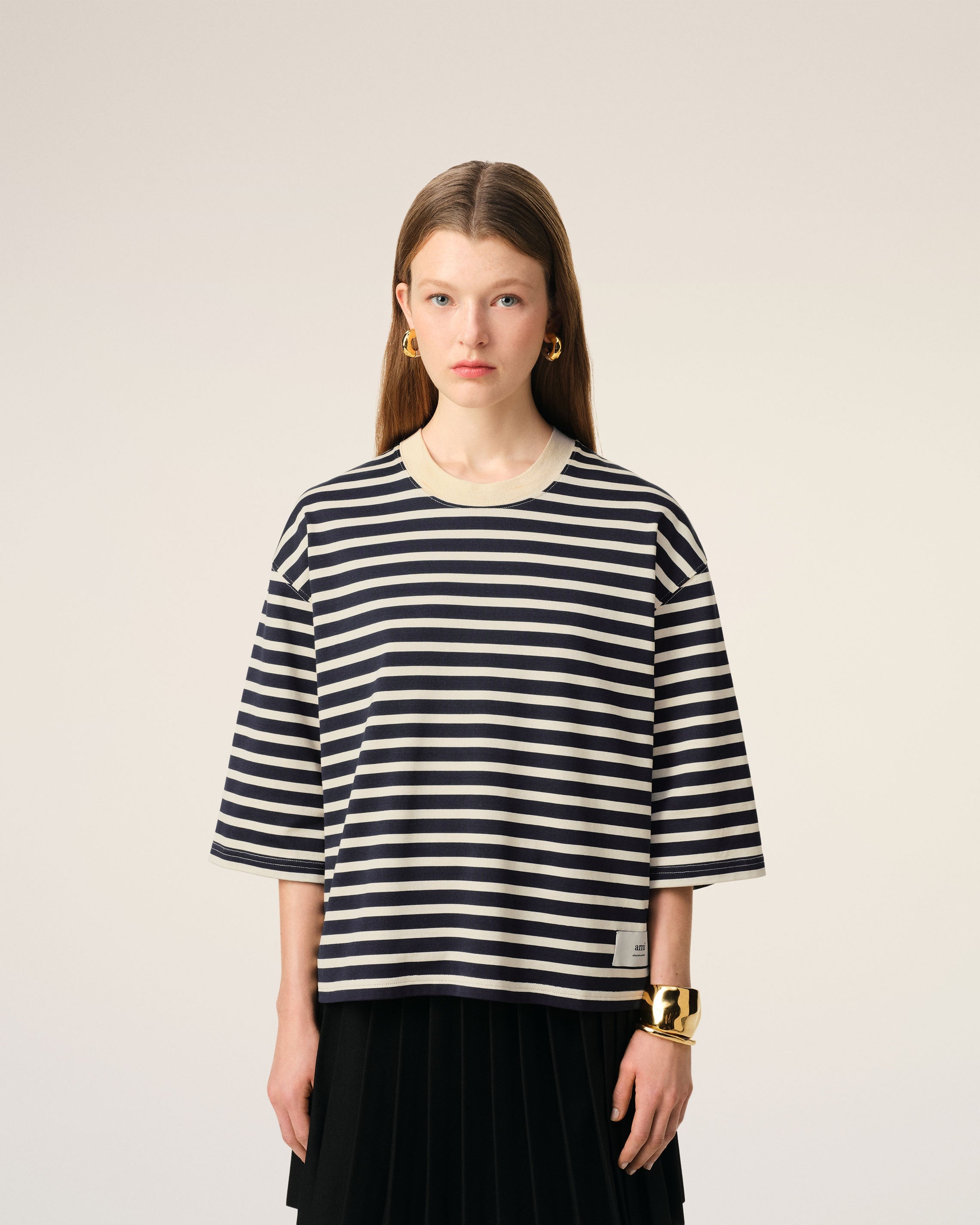 NAVY RECYCLED COTTON LOOSE STRIPED T-SHIRT - 3