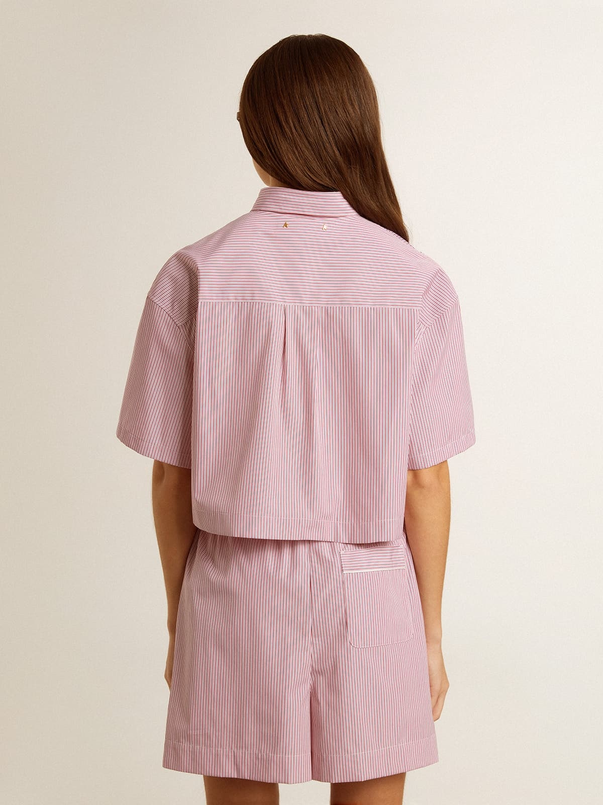 Women's cropped shirt in striped cotton poplin - 4