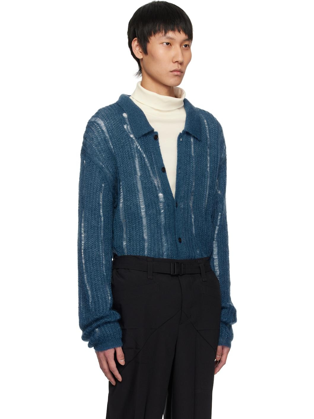 YOKE Blue Silk Kid Mohair Wool Buttoned Cardigan | REVERSIBLE