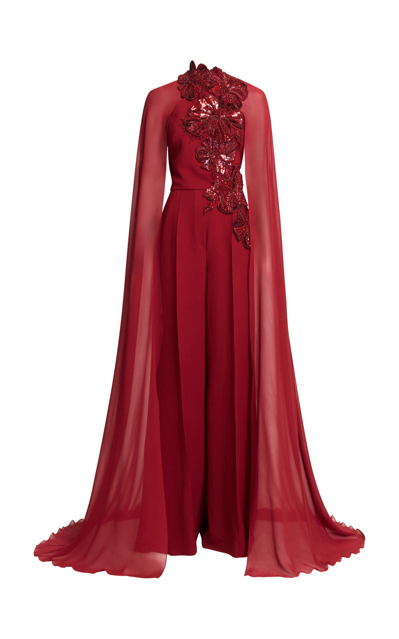 Embelished Cape-Sleeve Cady Jumpsuit red 1