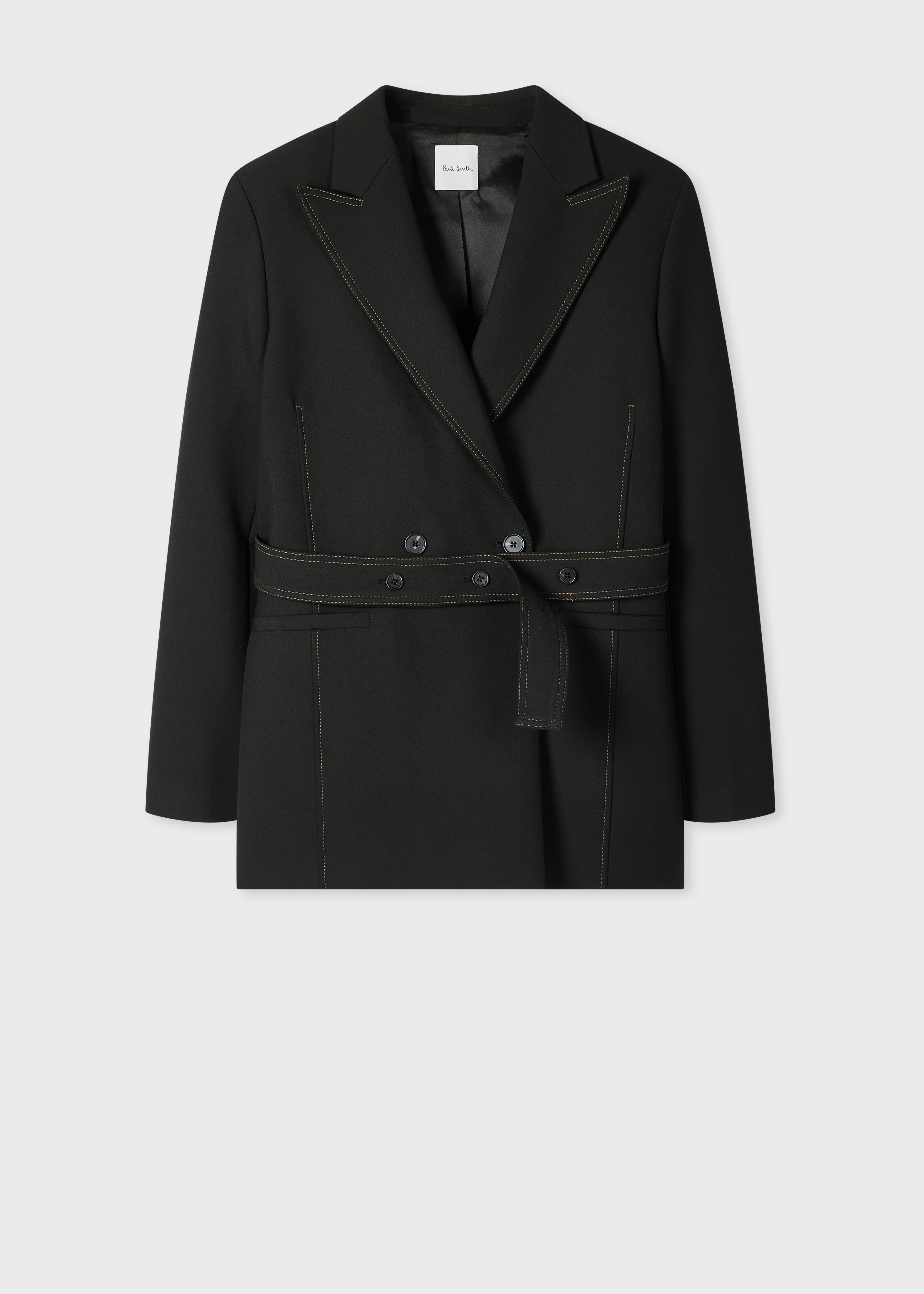 Women's Black Belted Jacket with Contrast Top Stitching - 1