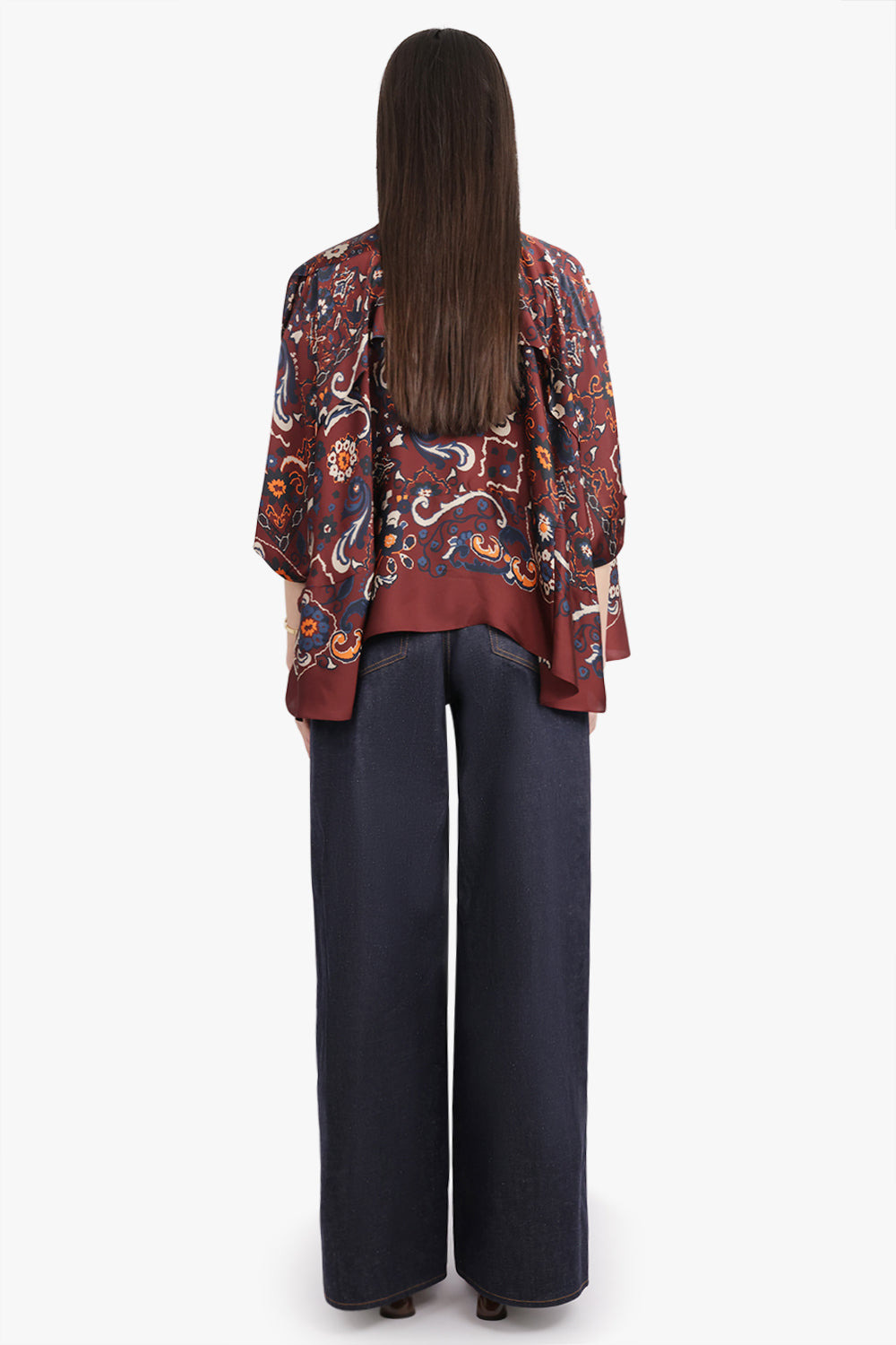 SCARF S/S FLORAL PRINT HIGH NECK DRAPE BLOUSE | BORDEAUX/MULTI - 5