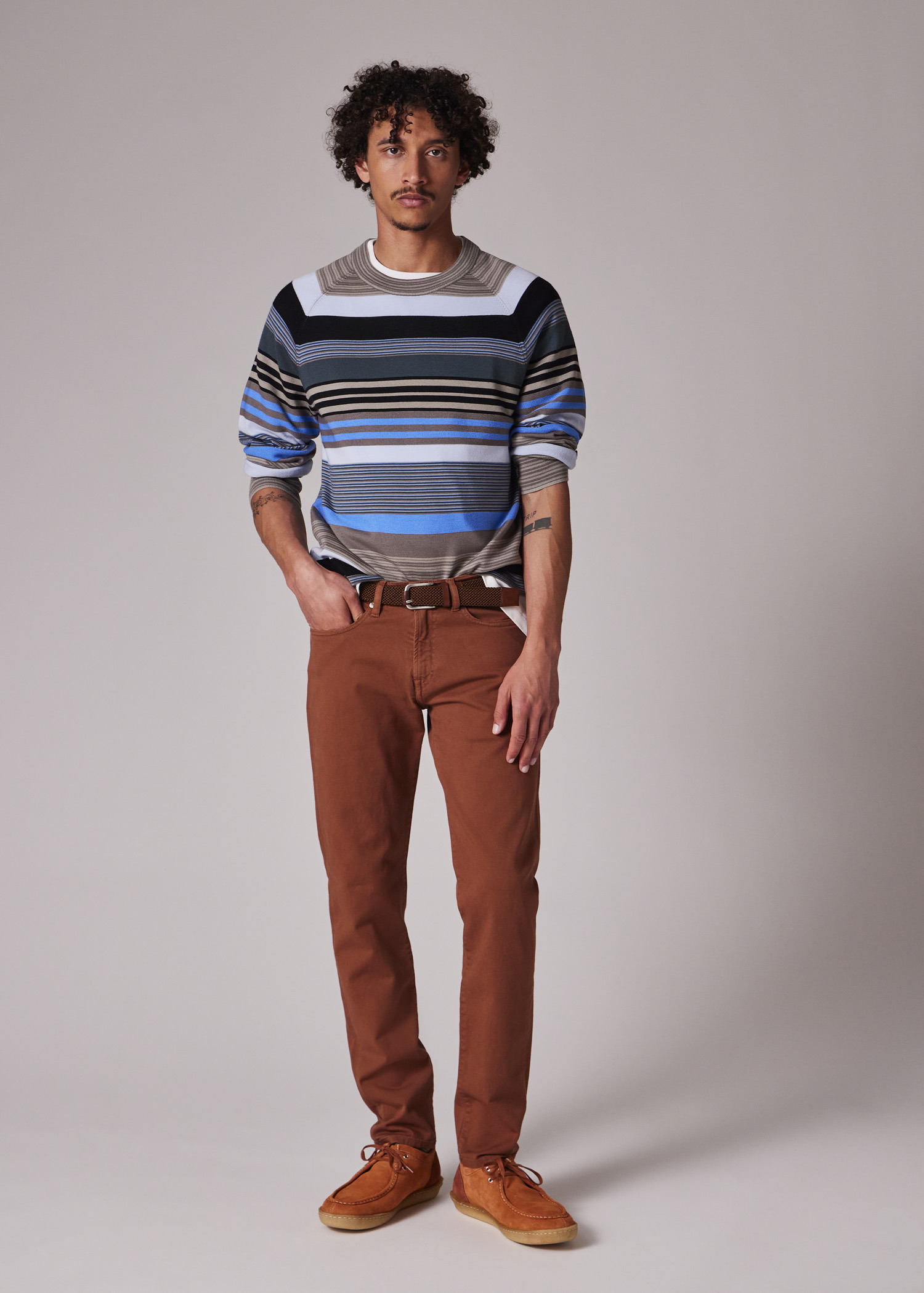 Grey and Blue Contrast Stripe Merino Wool Sweater - 6