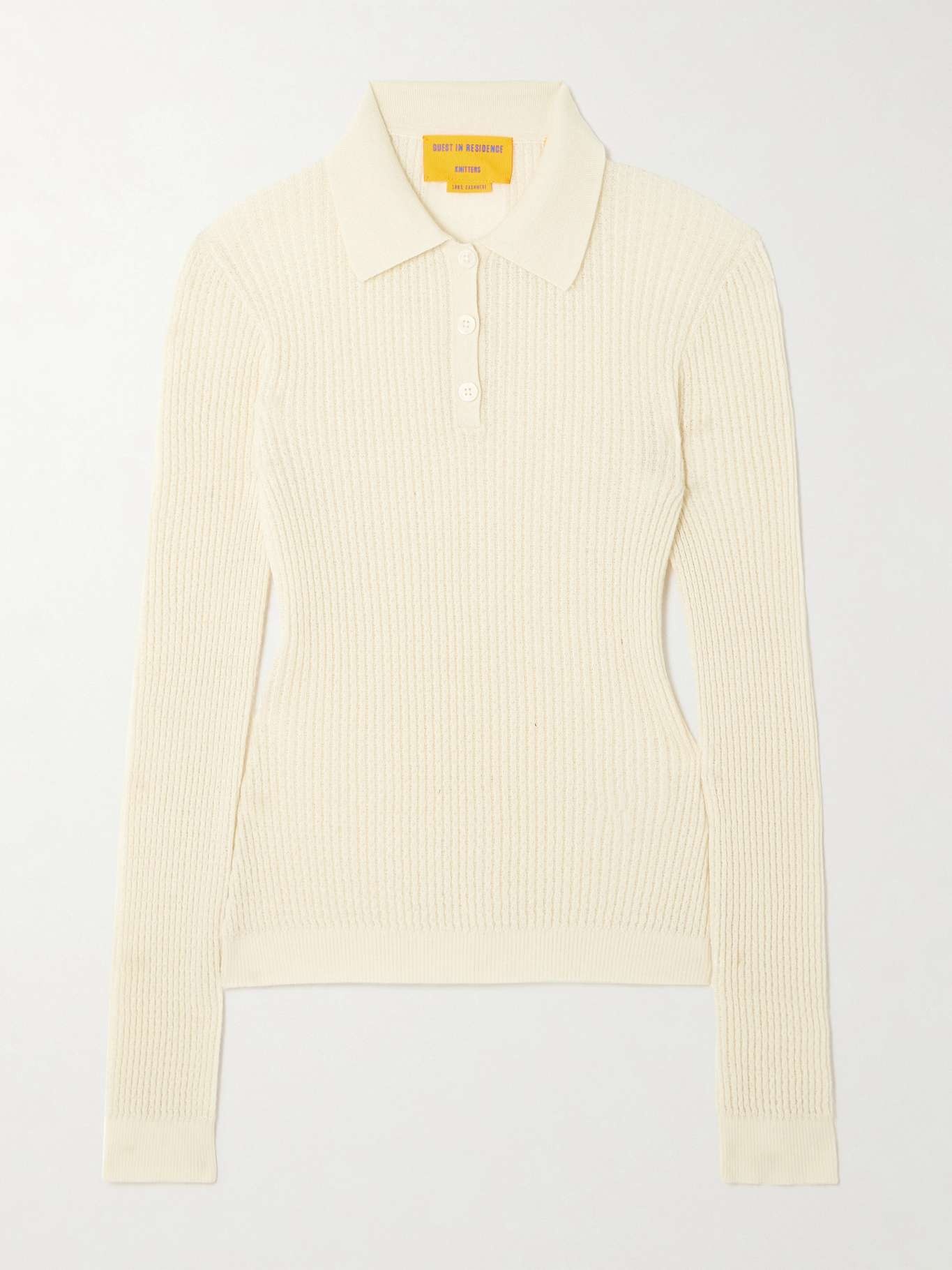 Cropped ribbed-knit cashmere polo top Cream - 1