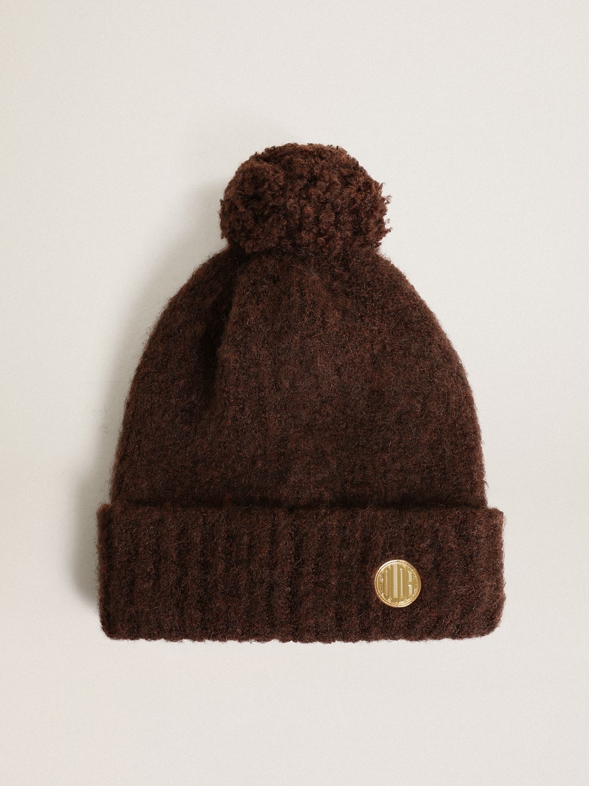 Coffee-colored wool beanie with pompom - 1