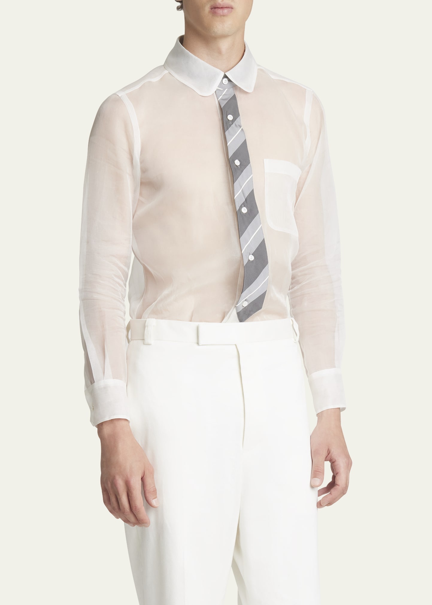 Men's Sheer Organza Shirt with Tie Print - 4