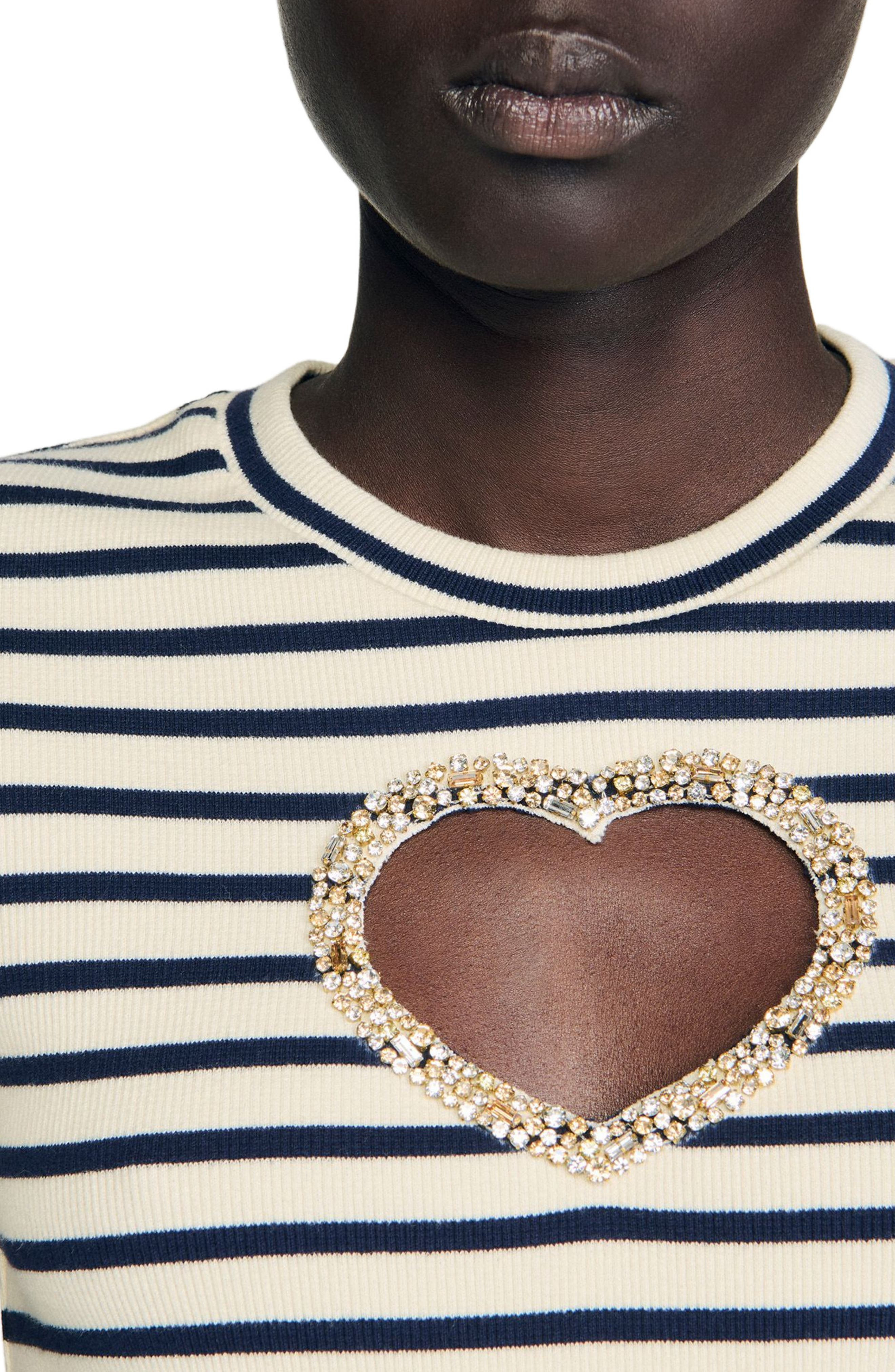 SANDRO Rhinestone heart T-shirt in Ecru at Nordstrom - 4