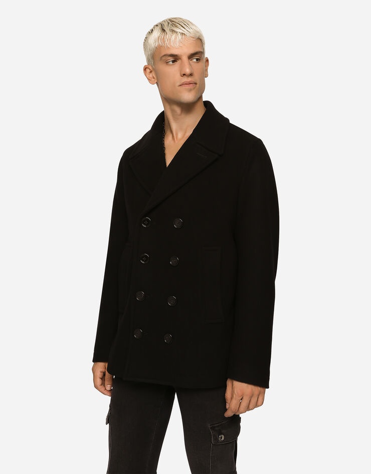 Double-breasted wool pea coat with branded tag - 3