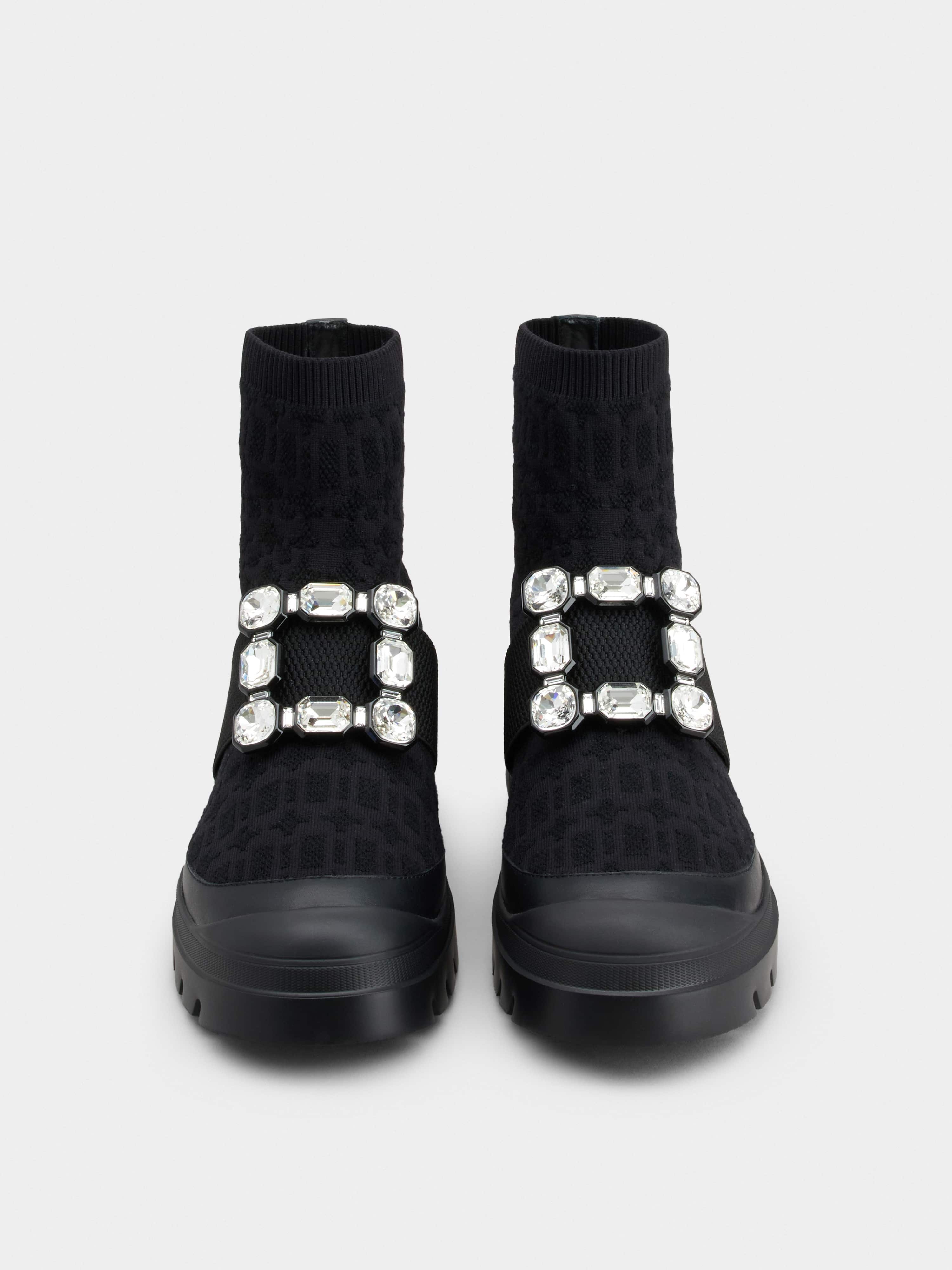 Walky Viv' Rhinestone Buckle Socks Ankle Boots in Fabric - 7