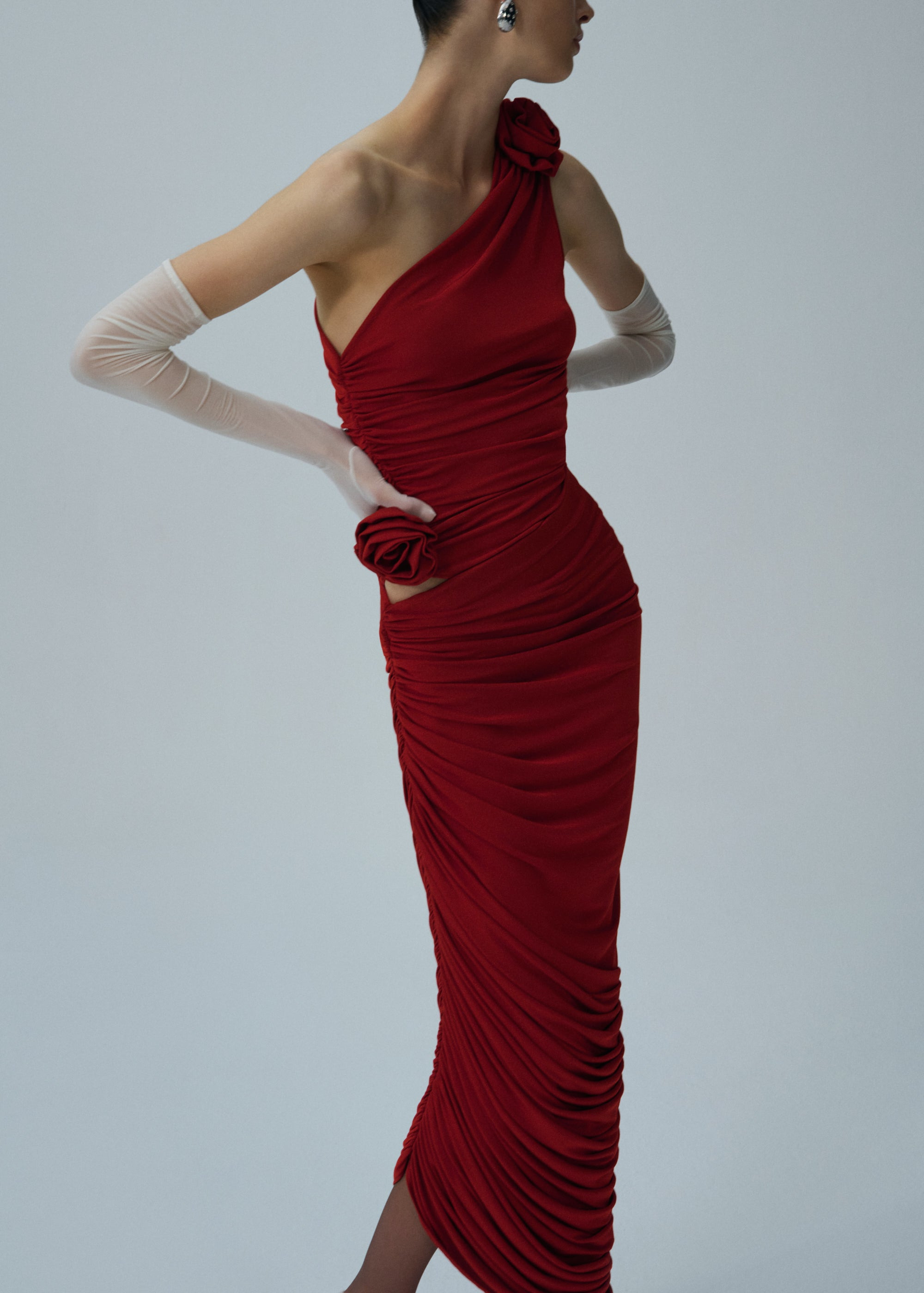 Asymmetrical draped midi skirt in red - 3