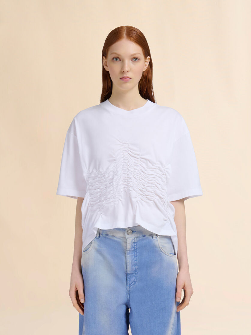 WHITE ORGANIC COTTON T-SHIRT WITH SHIRRED DETAIL - 2