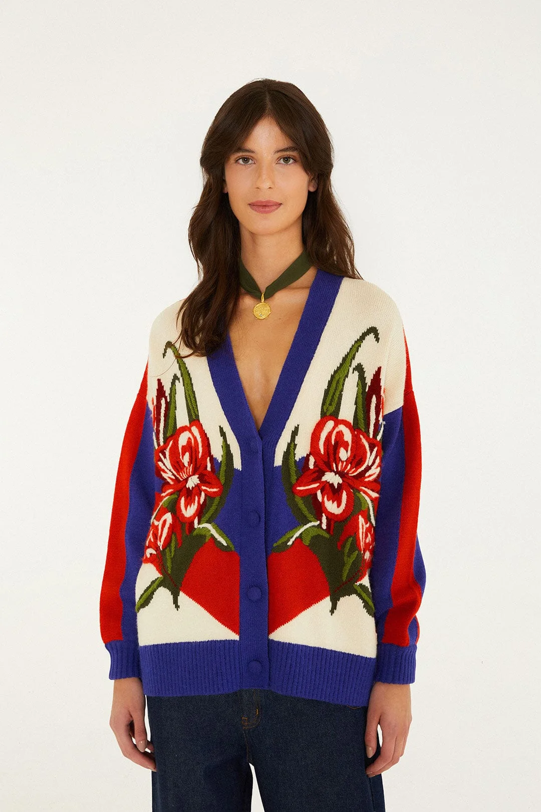 Bold Stripe Flowers Buttoned Knit Cardigan - 1
