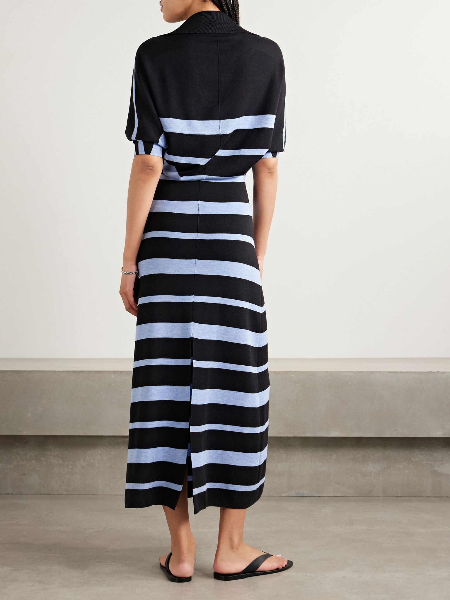 Solana striped wool and silk-blend midi dress Black - 3