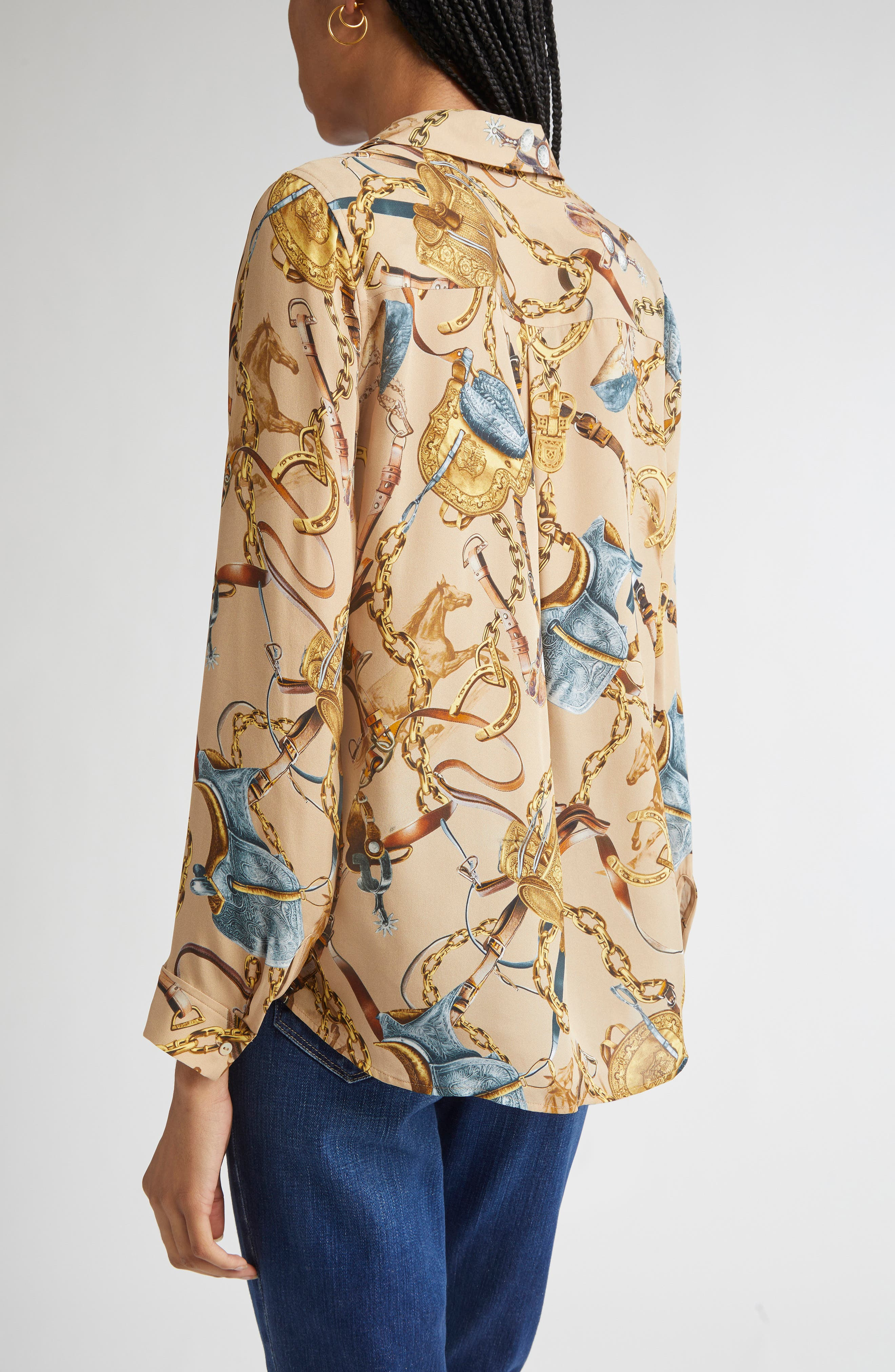 L'AGENCE Nina Chain Print Silk Button-Up Shirt in Dk Cppccno Mlt Equestrian Sdl at Nordstrom - 3