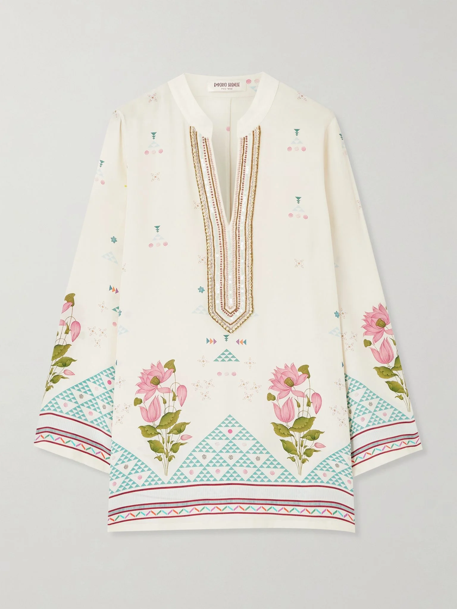 Jamila embellished printed silk-crepe kaftan White - 1