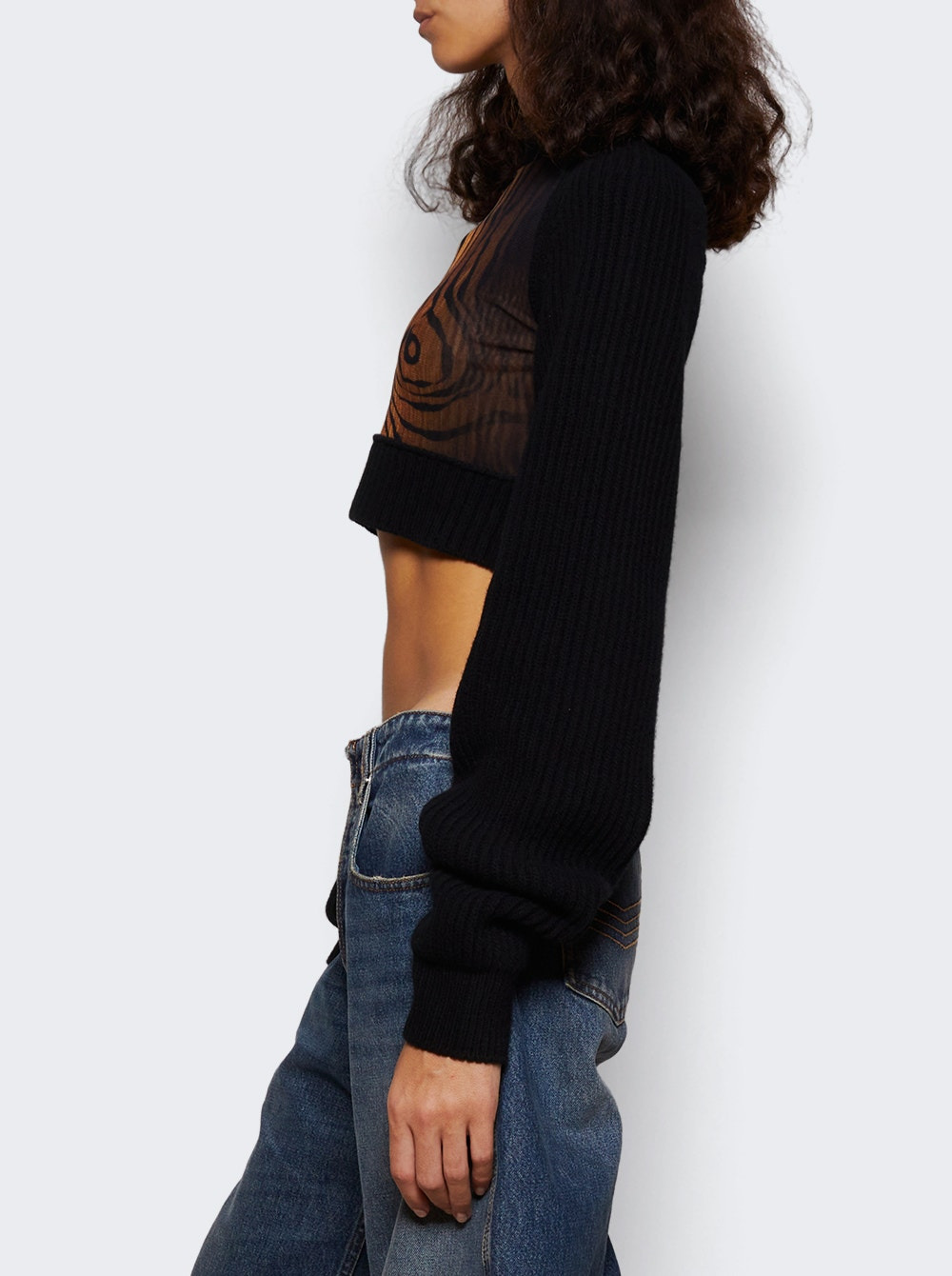 Ribbed Wool And Mesh Cropped Sweater Wood Print - 3