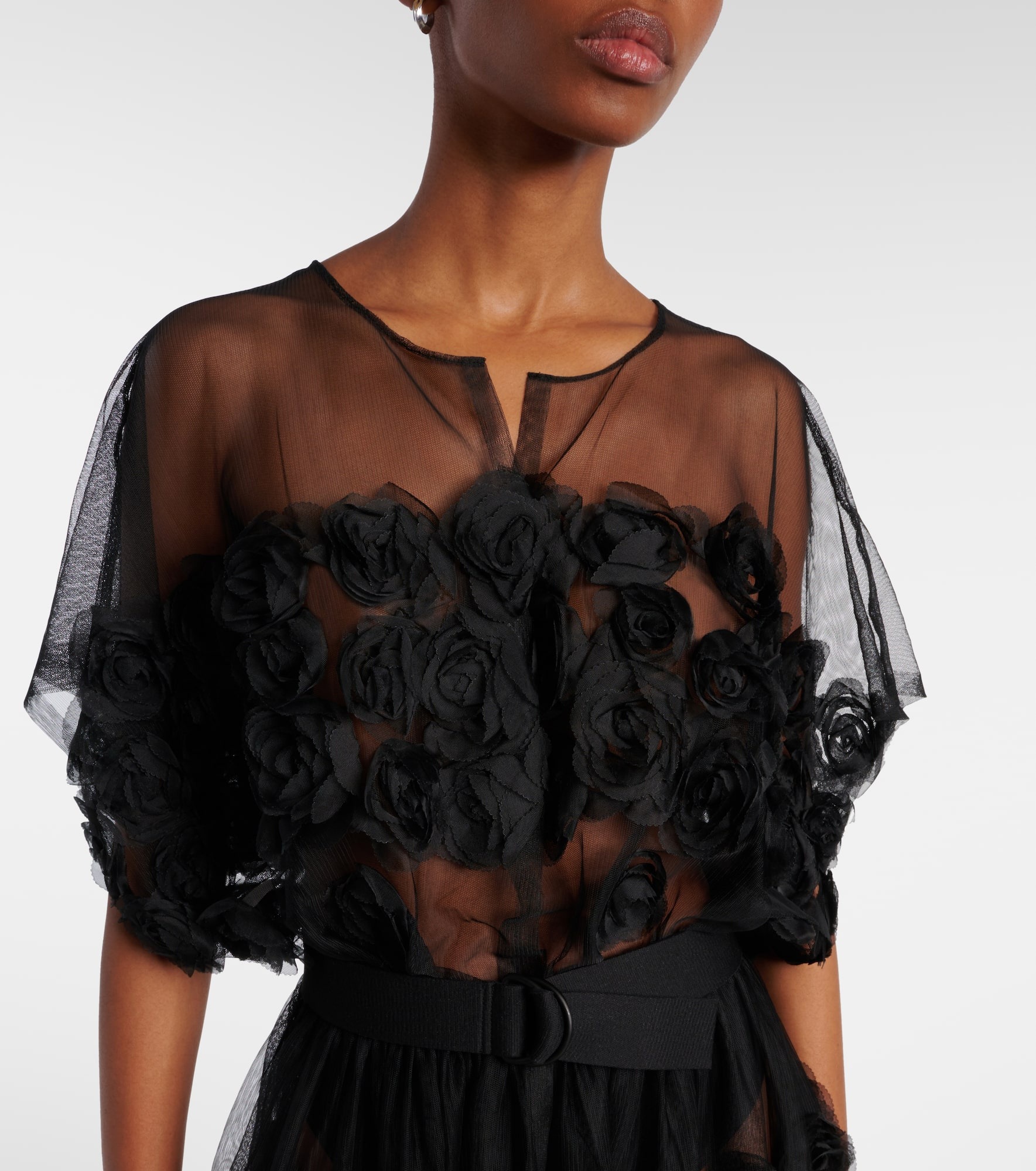 Floral-appliqué tulle midi dress - 4